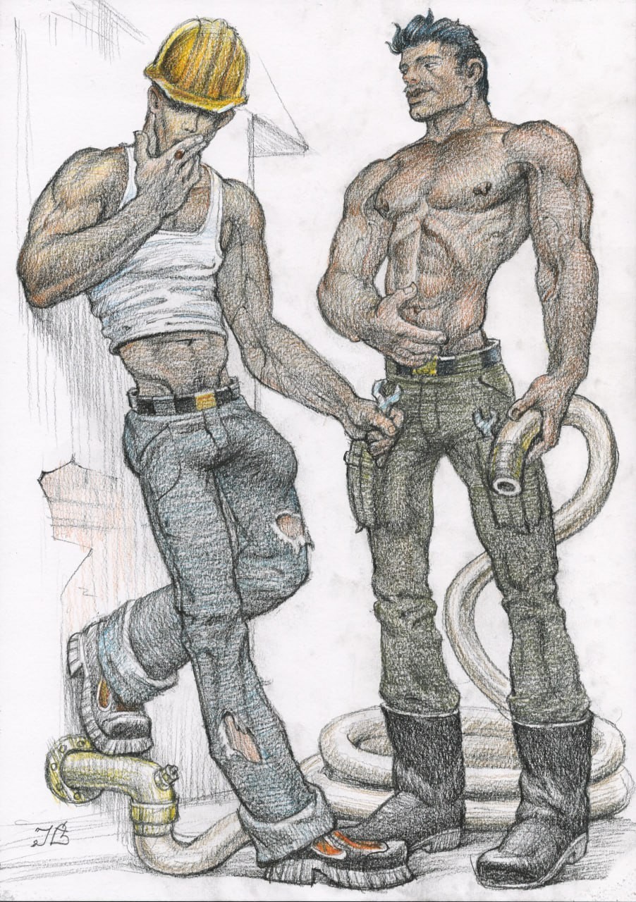 Gay Art original painting «Workers »  16,5 * 11,6 in. nude erotica