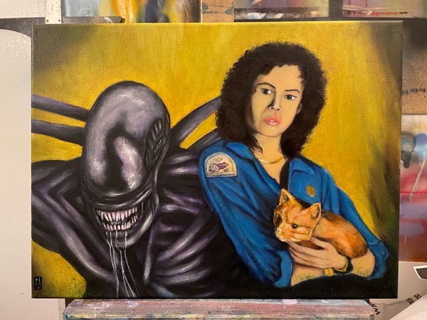 ALIENS Ripley and Xenomorph – Oil on Canvas Painting Original Artwork