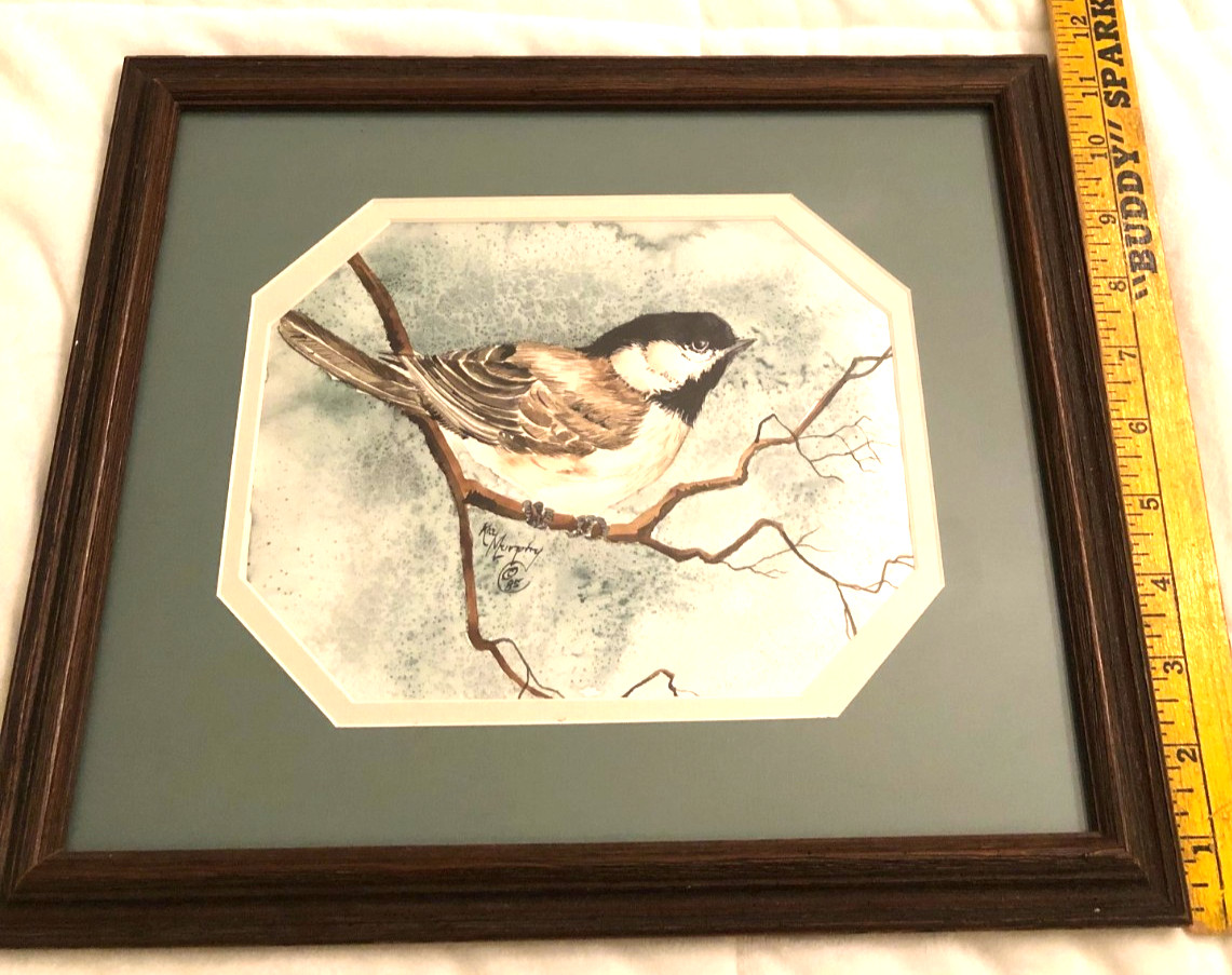 Original Kay Murphy Signed Artwork Watercolor Chickadee Bird Custom Framed 1985
