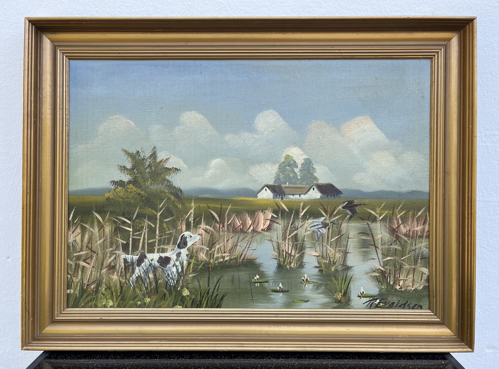 Impresssionist Wide Summer Landscape With Lake Home Jagdhund Ducks Oil Painting