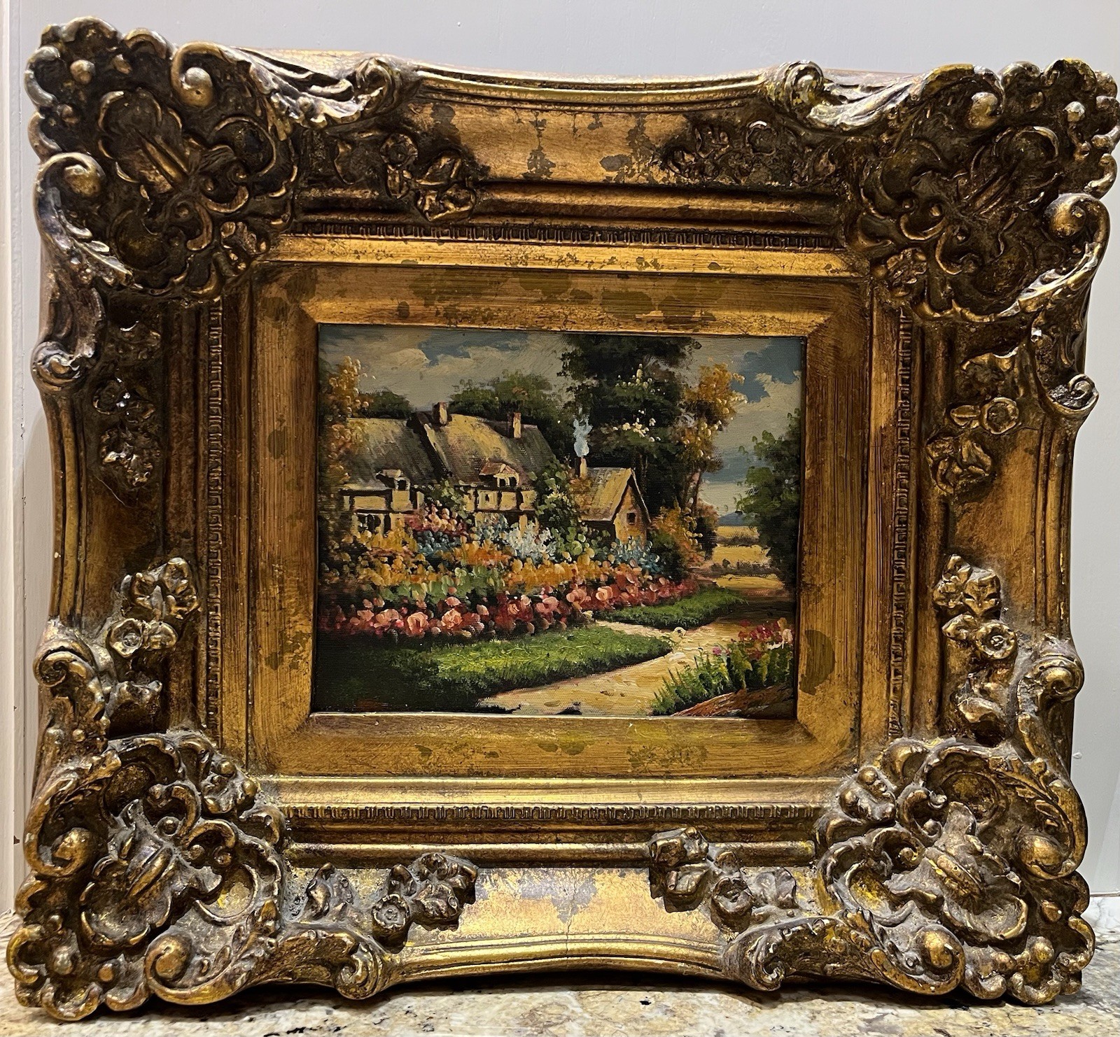 Vintage Oil Painting On Board Ornate Heavy Gold Frame English Cottage