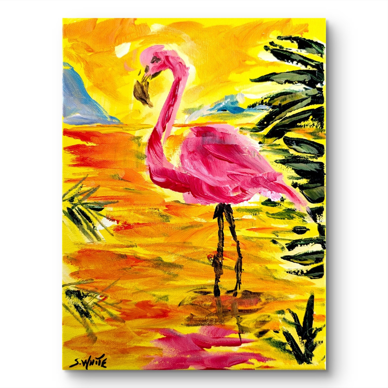 Flamingo 9×12 Original Painting Abstract Modern Art Canvas Wildlife Pink SWhite