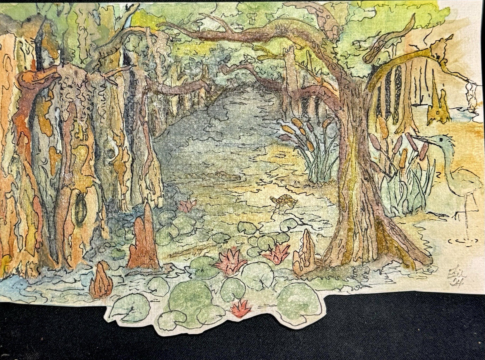 Original Watercolor & Ink – Woodland Stream with Hand-Cut Foreground Detail