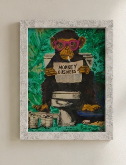 Hand-Painted Monkey Reading Newspaper Bathroom Art, Quirky Animal Print, Framed