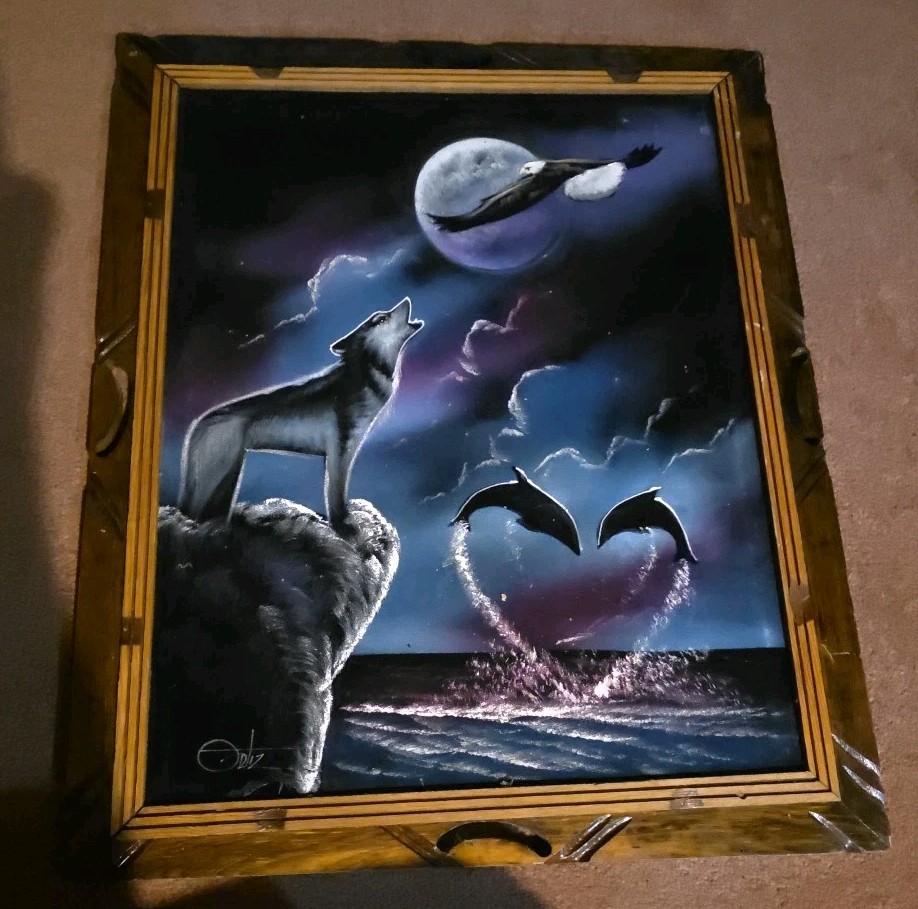 VTG Black Velvet Painting Dolphin Wolf Eagle 19″x23″ Carved Wood Frame Retro