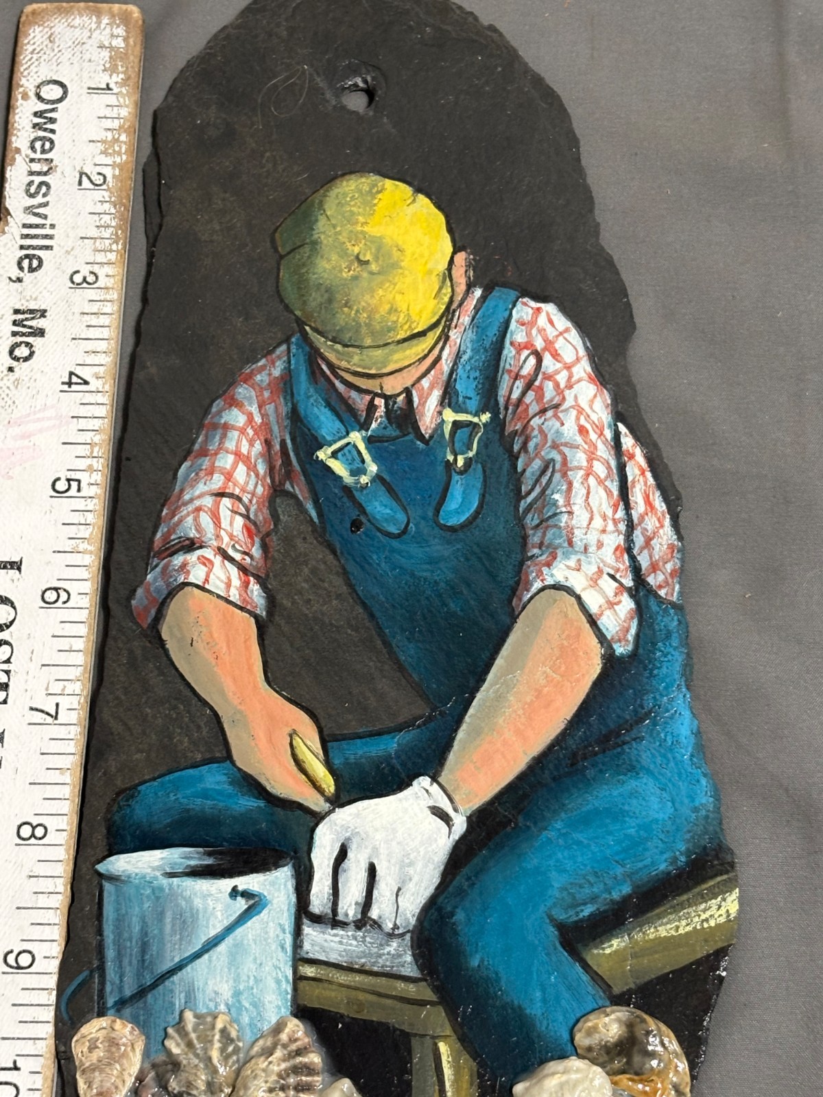FOLK ART 13″ Hand painted SLATE ROCK Barbara Collins OYSTER SHUCKER Fort Morgan