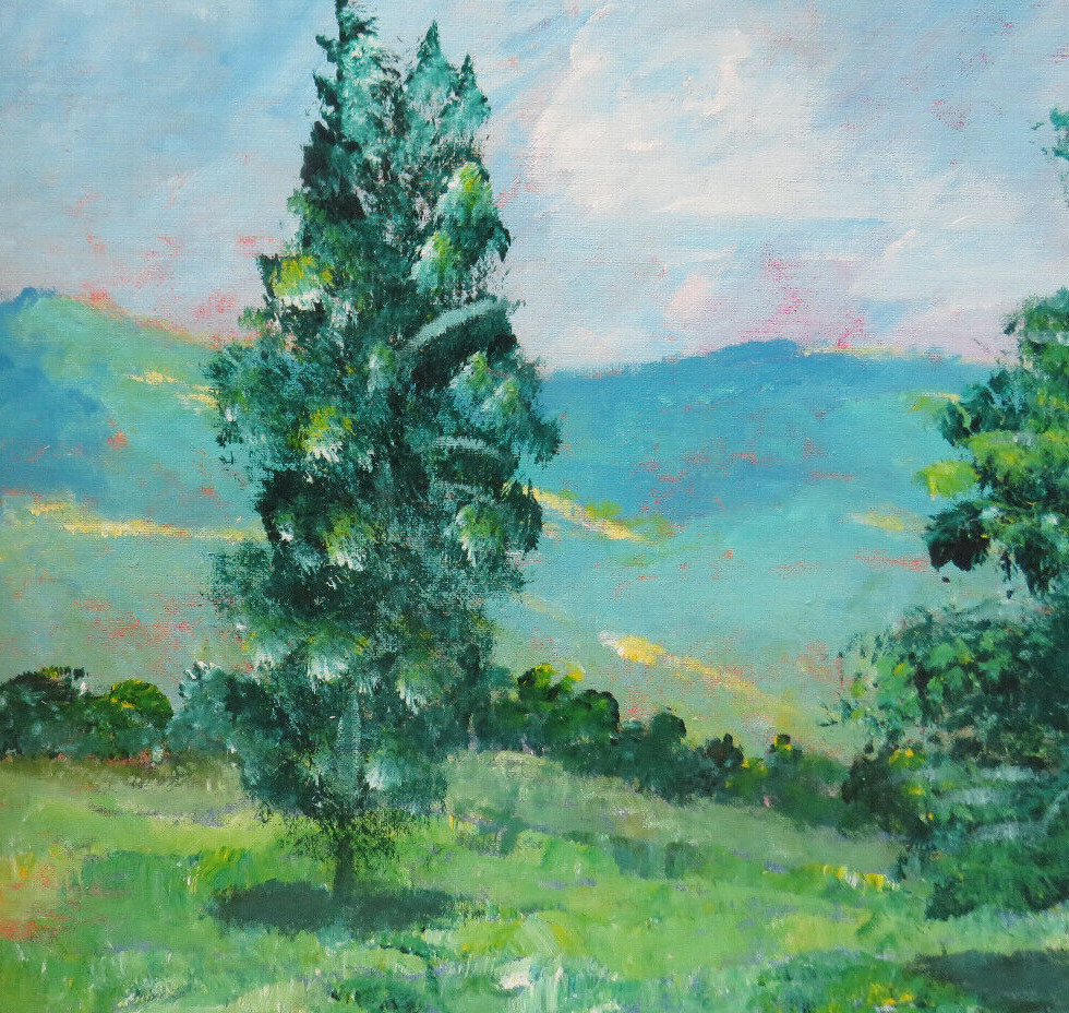NICE FRAMED OIL ON BOARD LANDSCAPE IN SHADES OF GREEN AND BLUE