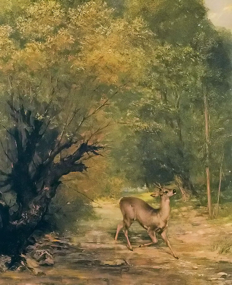 Oil paintin gustave courbet – the hunted deer on the alert spring landscape art