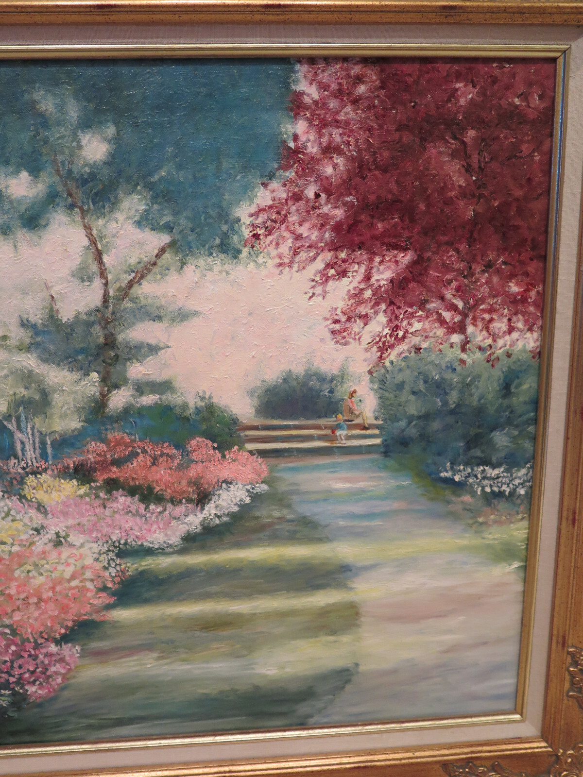 Garden Landscape Oil Painting Child Mother ART Peace Greens Framed Original