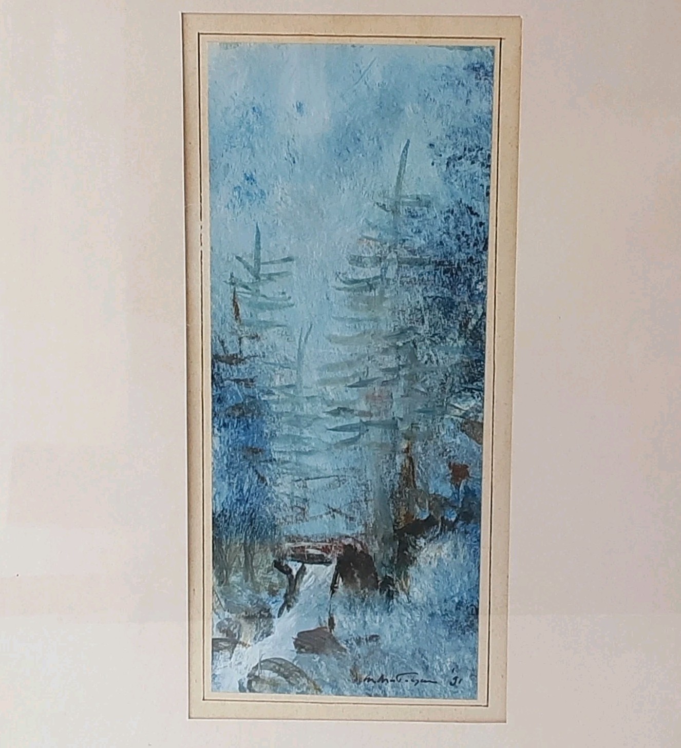 Abstract Watercolor Painting Winter Forest w Waterfall 13×17 framed signed 1991