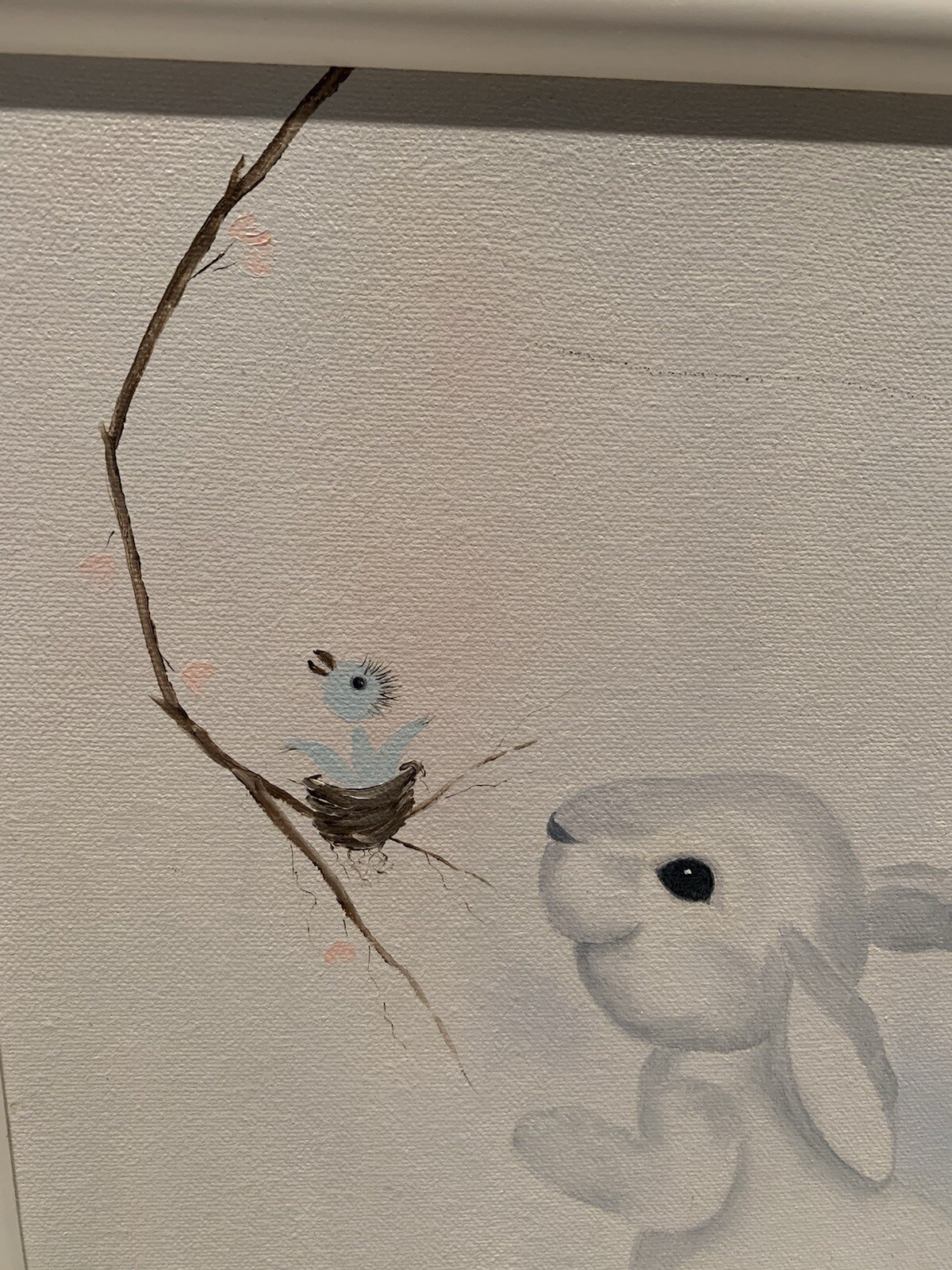 Framed Painting on Canvas White Bunny & Baby Bird In Nest 13″x9″ Signed Adorable