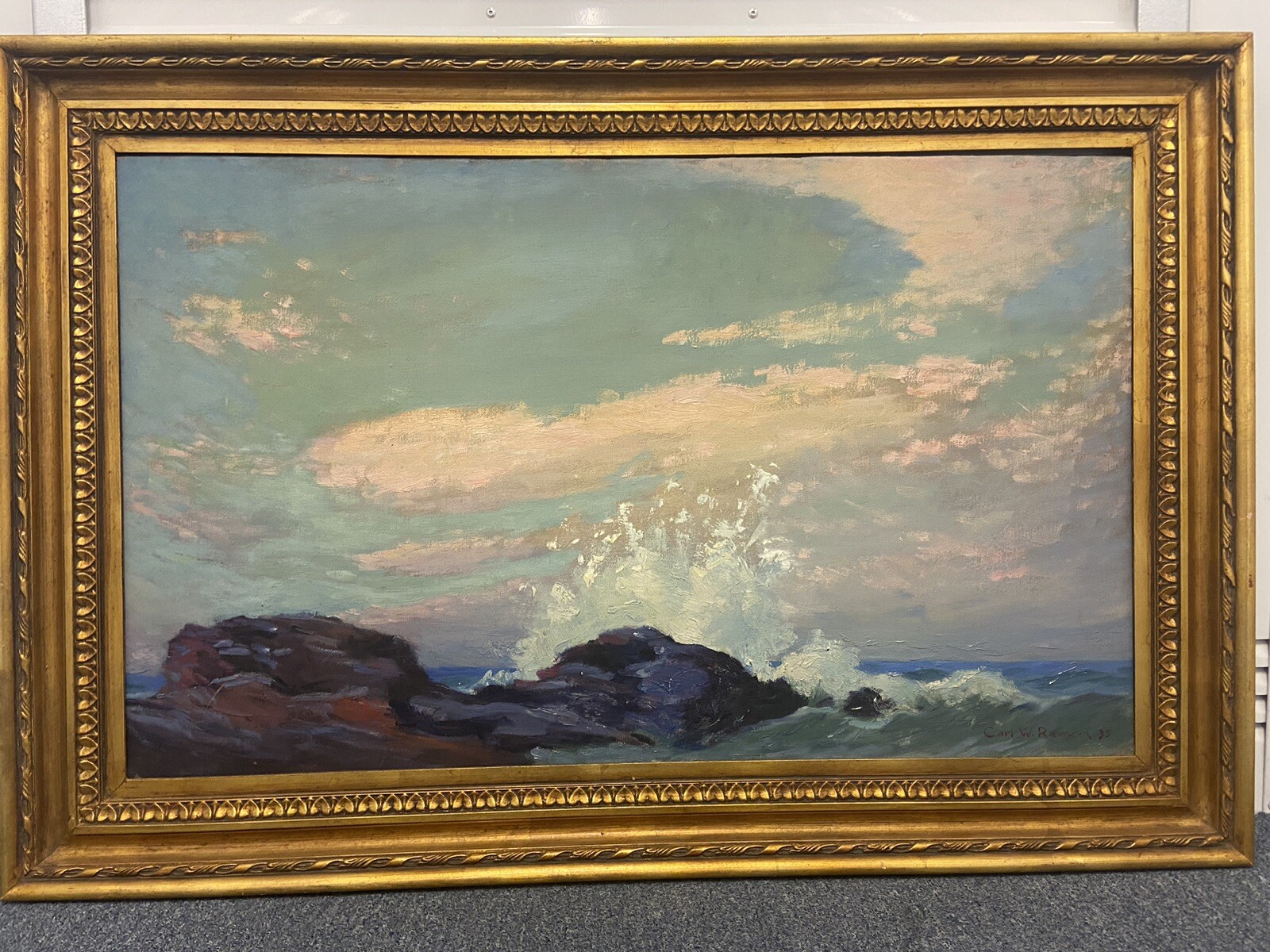 Carl W. Rawson (1884-1970 ) Seascape Seashore Oil/Canvas Signed LR & Dated ‘35