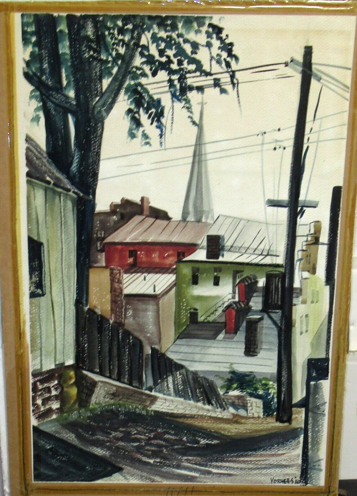 VORHEES URBAN CHURCH STREET SCENE ORIGINAL WATERCOLOR LANDSCAPE PAINTING 1950