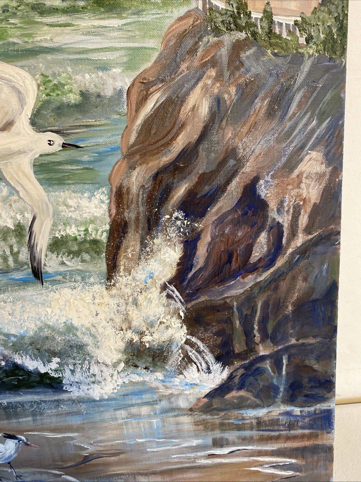 Seascape Lighthouse Acrylic Painting Signed WEBB Waves Crashing Rock Seagulls