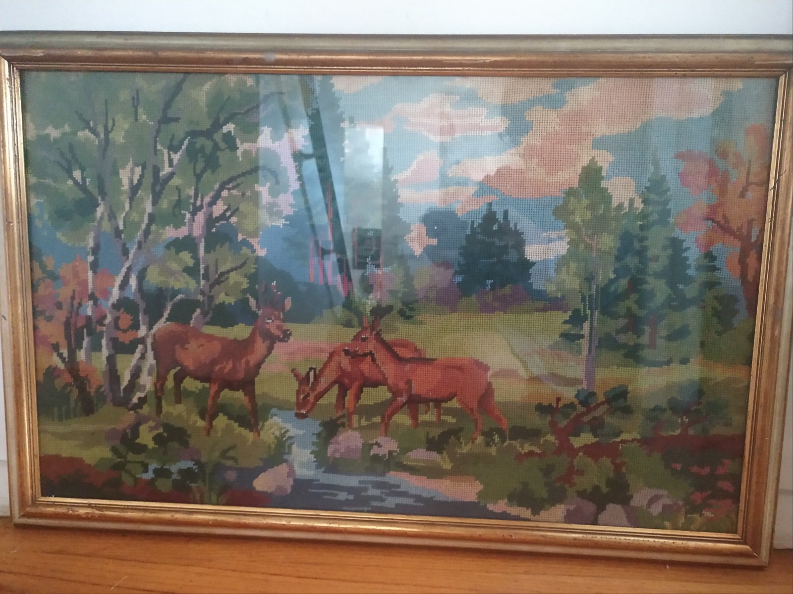 Large Vintage Deer in natural forest scene 24″ x 36″ needlepoint framed