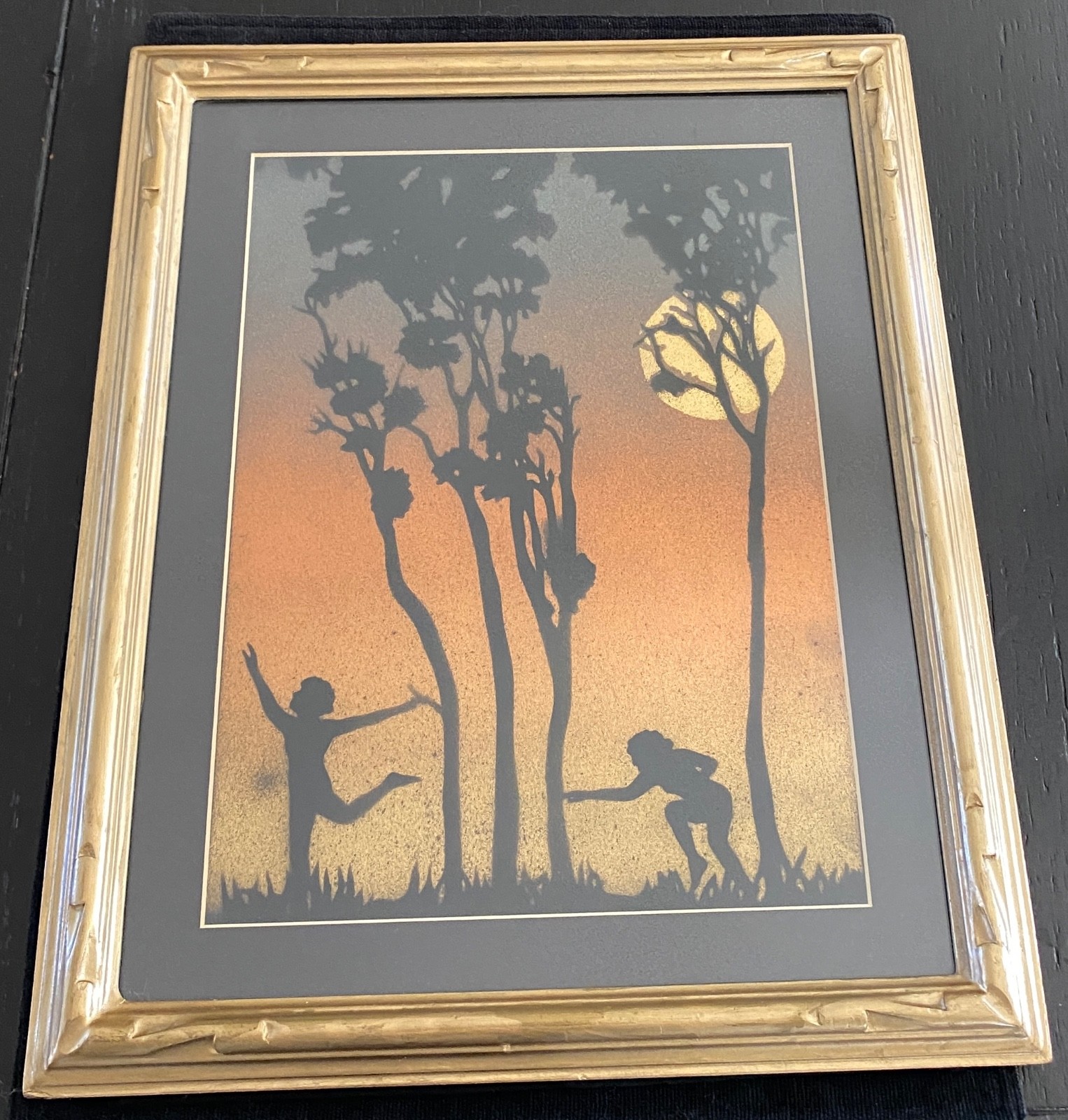 VTG Framed Art Reverse Paint Silhouette Figures Sunset Scene Trees Moon