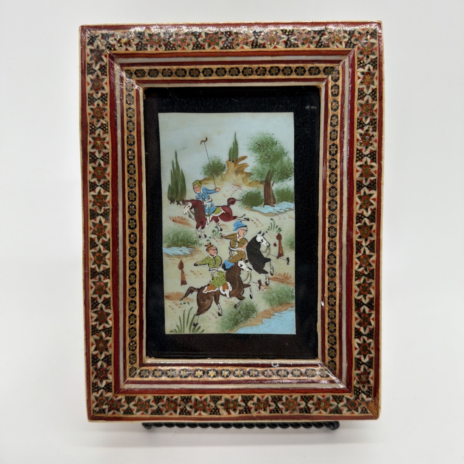 Persian Painting Hunt Arabian Horses Village Mosaic Frame Miniature