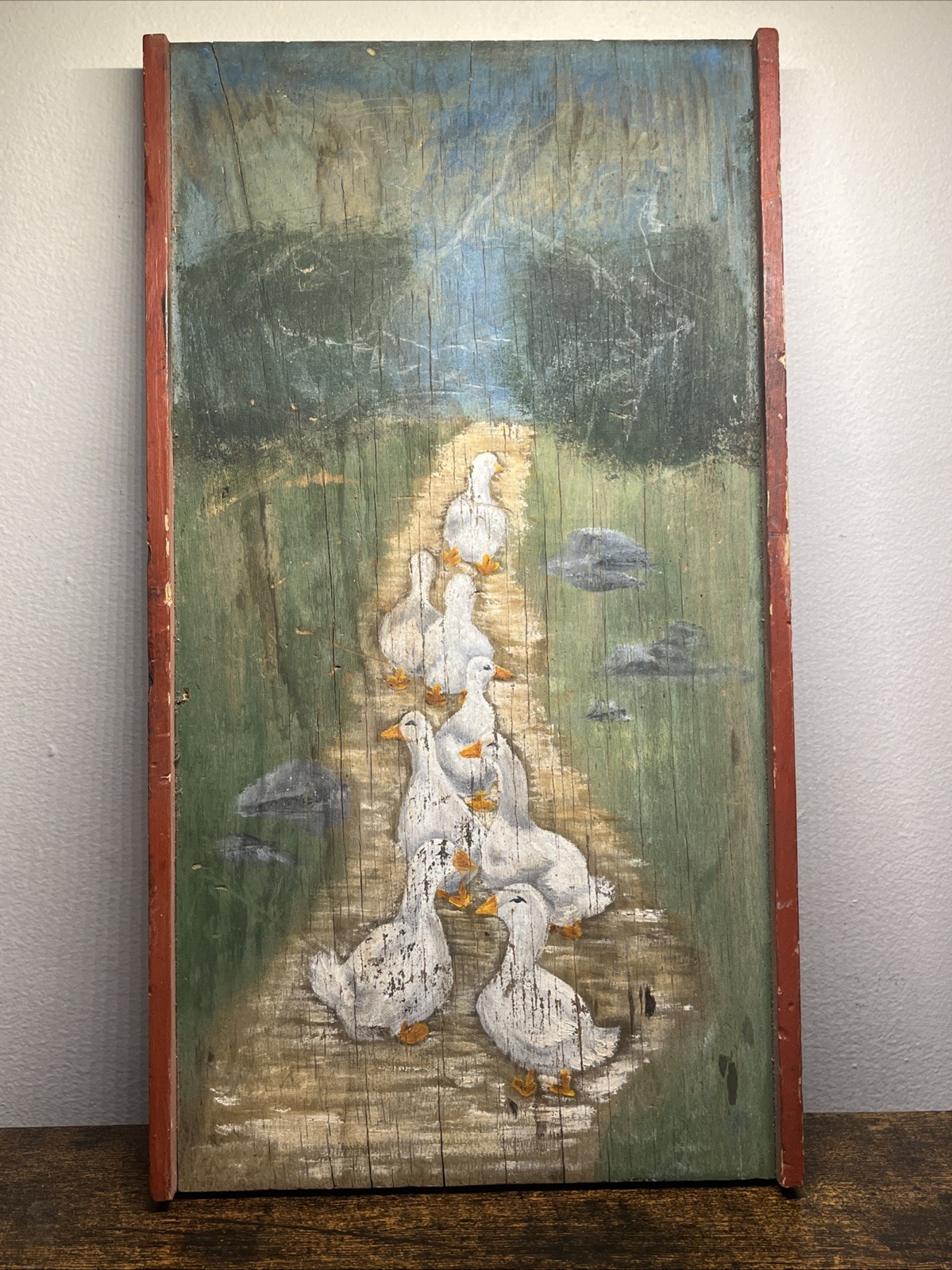 Folk Art Painting Duck Family Walking Waddling Ducks Vintage Wood Weathered