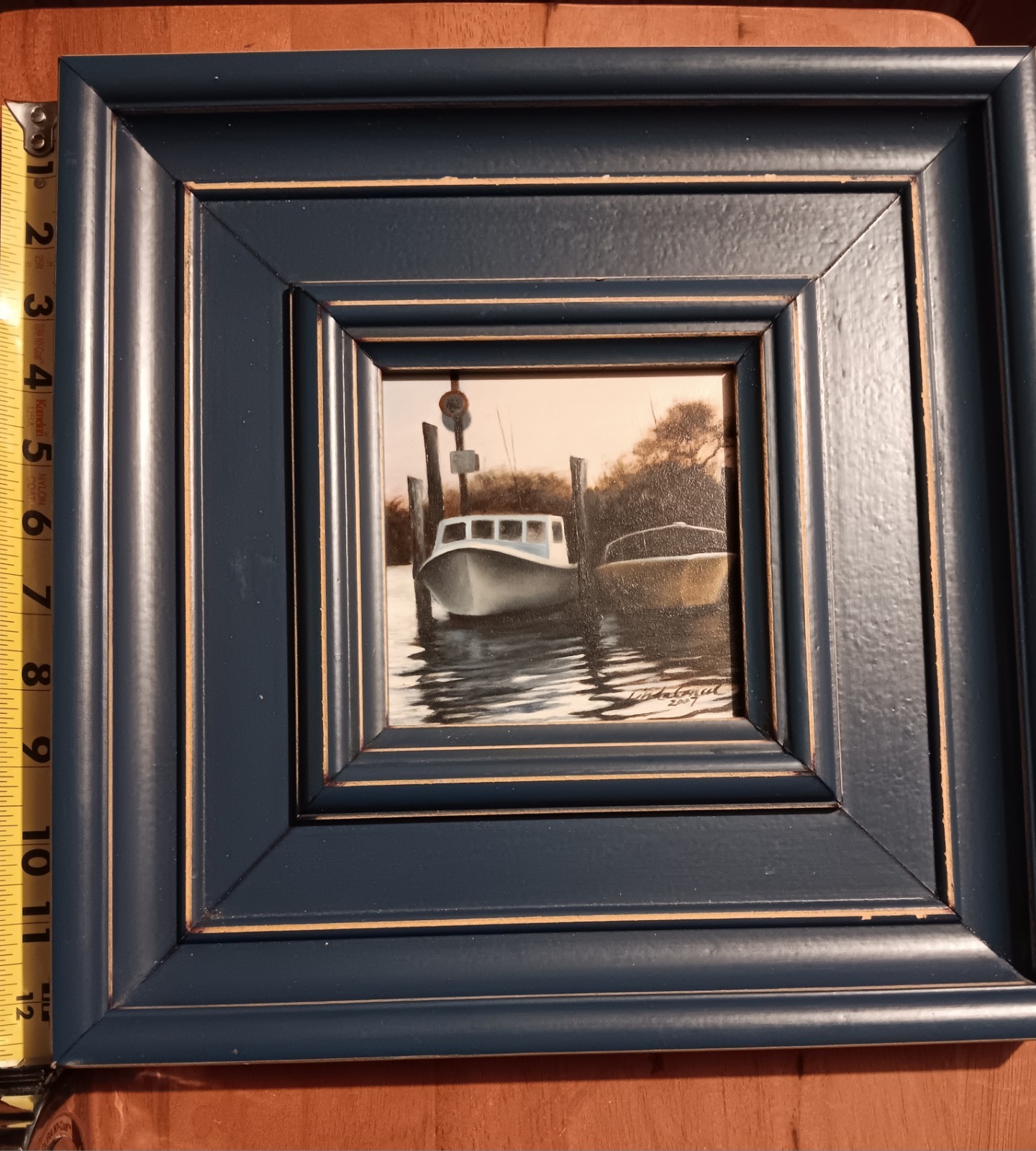 Linda Hyatt Cancel Boat Coastal Original Painting Signed FRAMED Art Water Dock