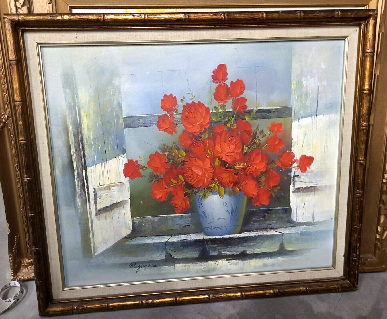 Oil Painting on Canvas Red Roses In Window Realism By Magnasco 27.5″×23.5