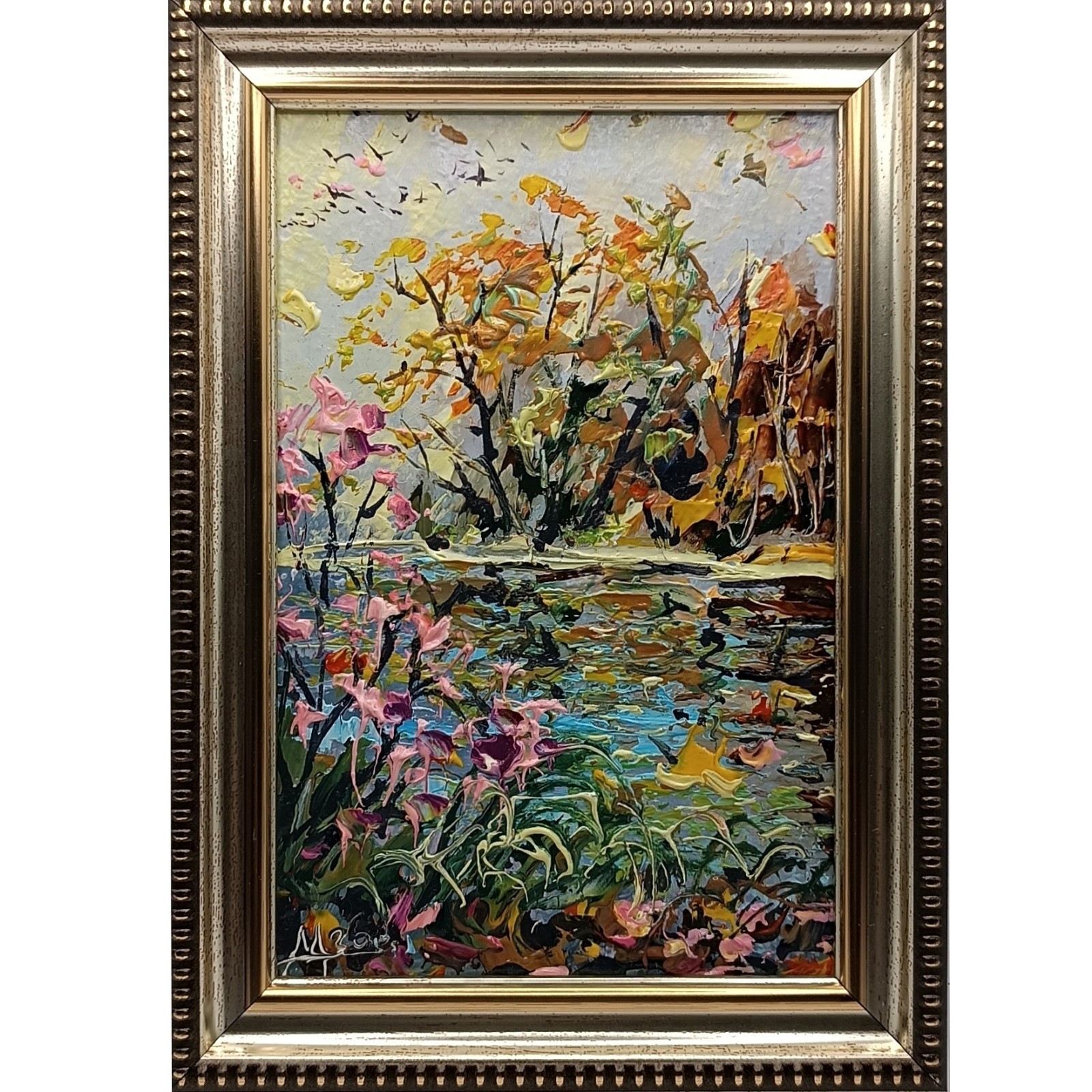 Original Autumn Pond Oil Painting Autumn Landscape Framed Miniature Art 4×6