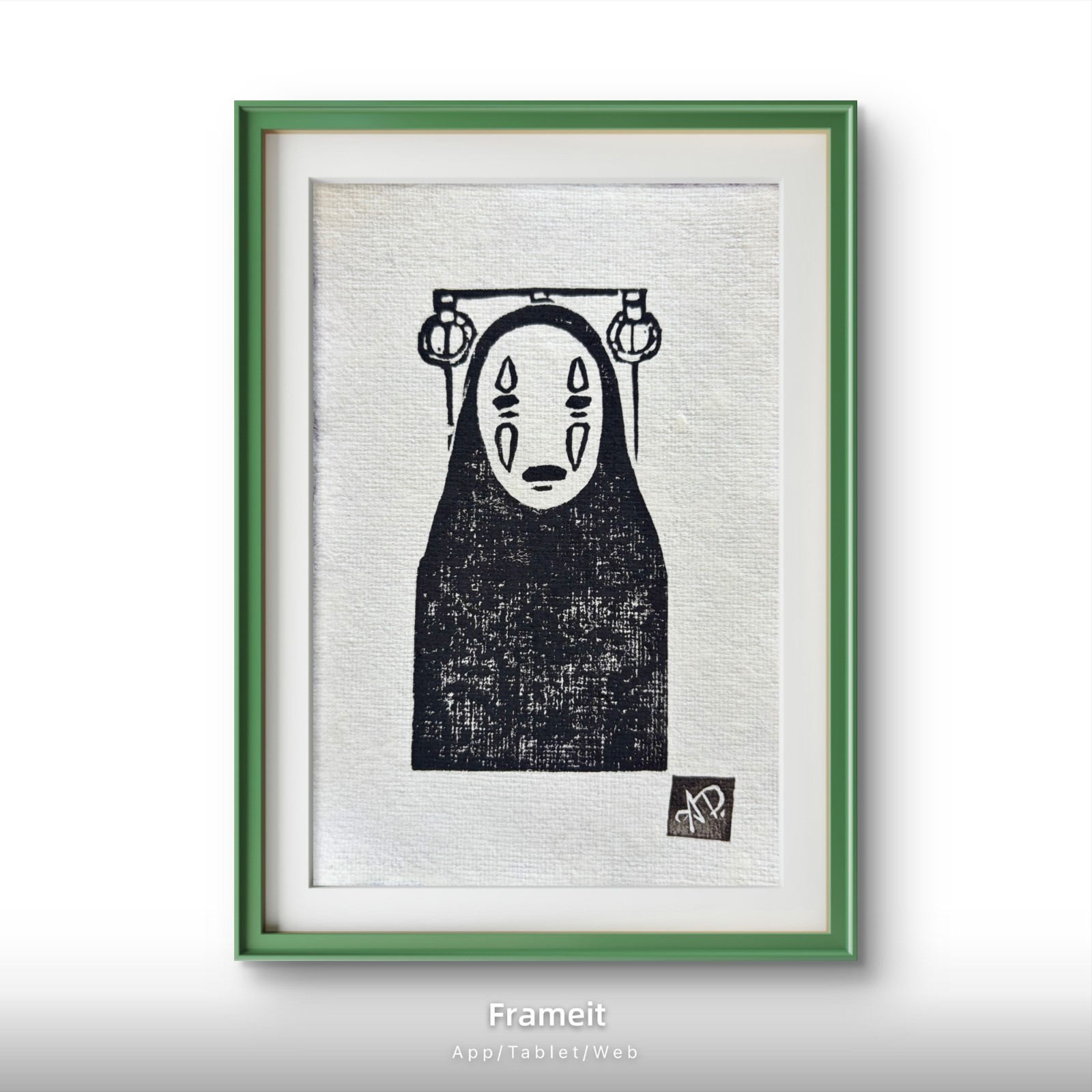Original No Face 1 Linocut Hand Printed by Alannah Dyer- Mini Art 4×6 in. Ghibli