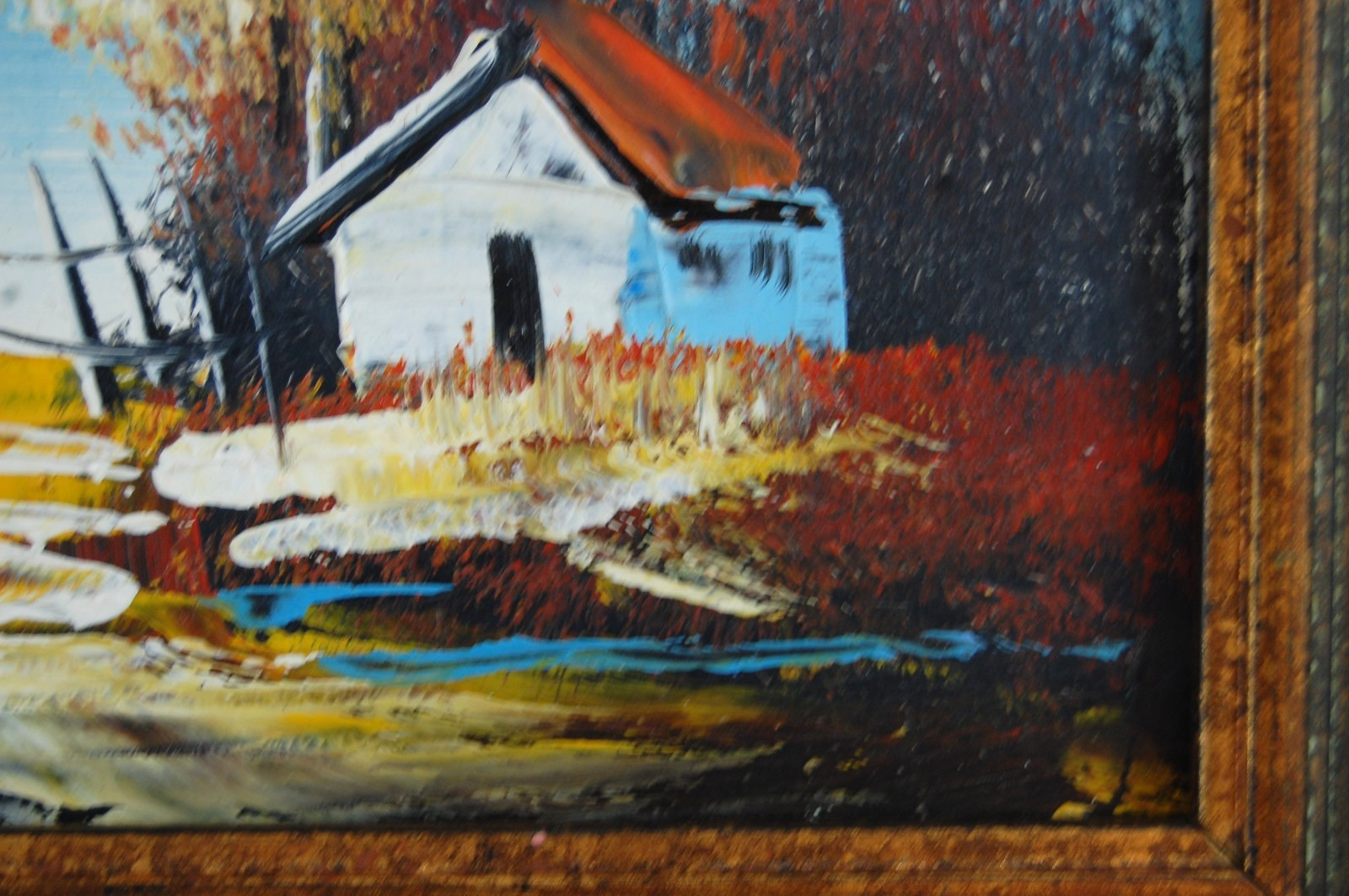 Vtg 70s Framed Original Forest Cabin, Lake Landscape Scene Mini Oil Painting 7X5