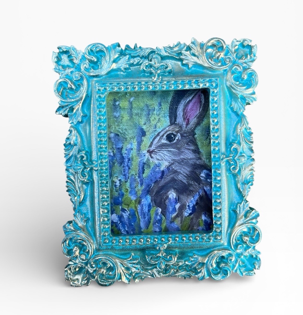 Bunny in Bluebonnet Field mini watercolor animal print • vintage ornate frame