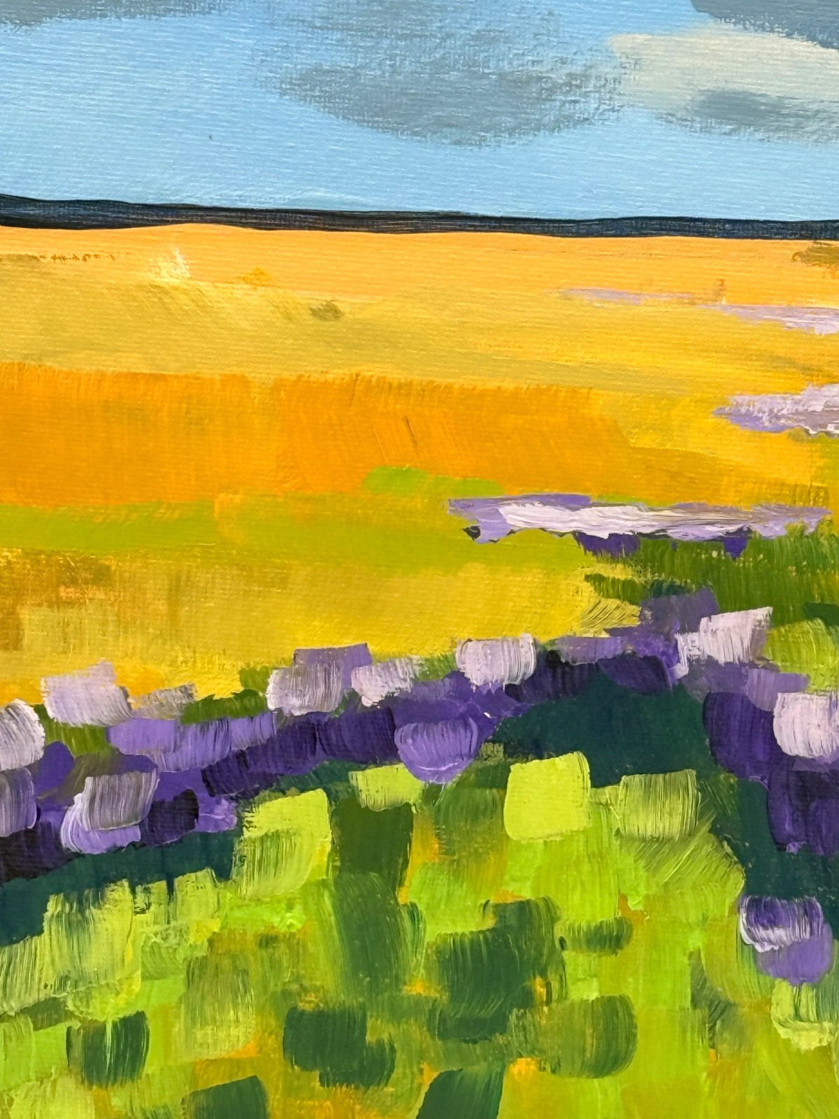 R Stevens Original Acrylic Landscape Painting Purple Flowers Field Clouds 12×12