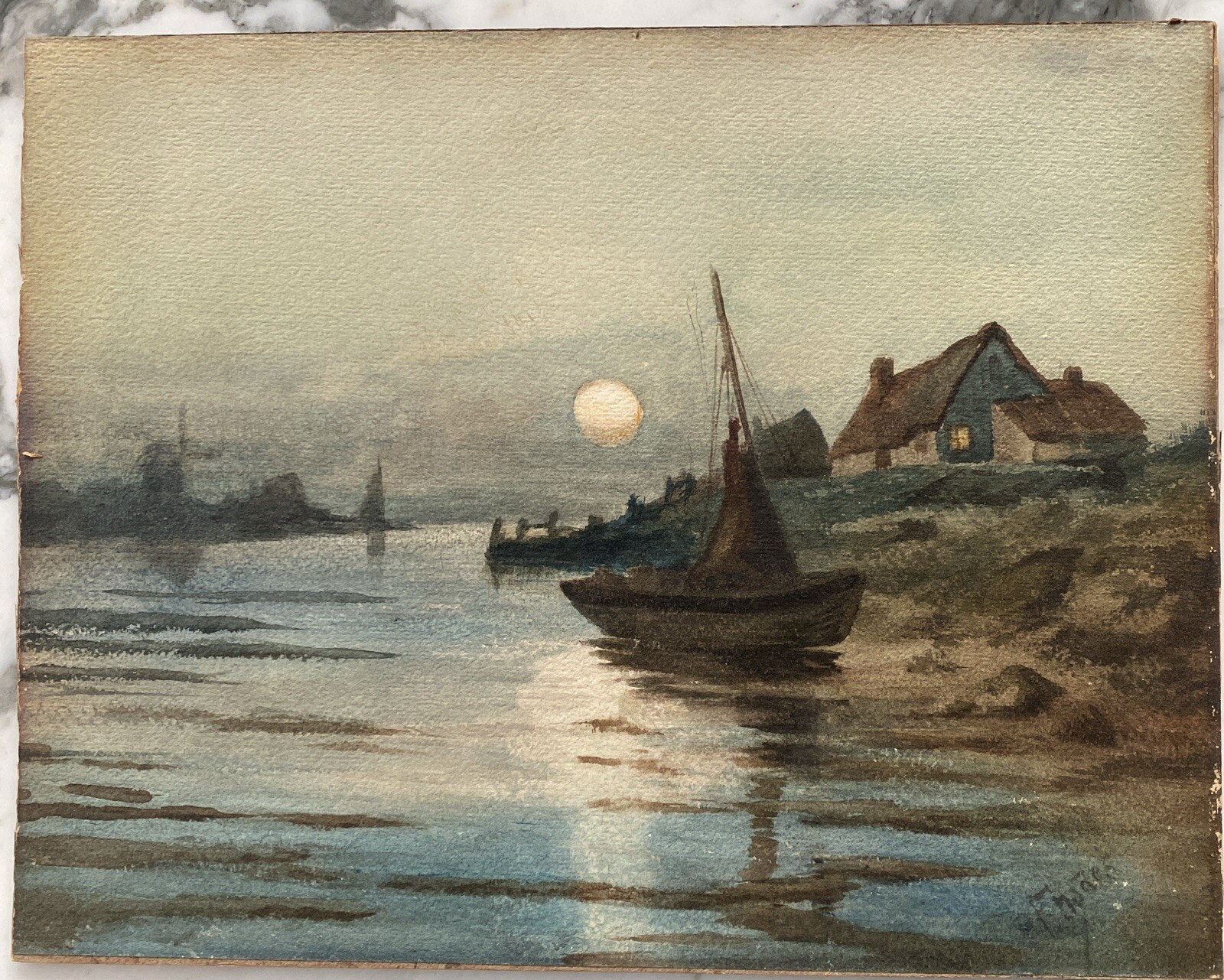 Handsome circa 1880 signed Dutch Moonscape Watercolor painting, Luminist Canal