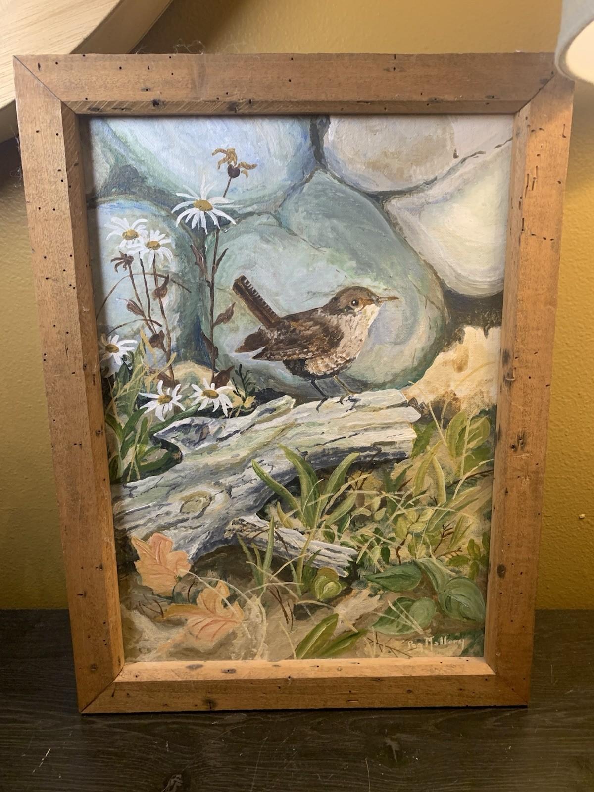 Gorgeous Vintage Signed Original Painting Of Colorful Wren Rustic Frame 16”x12”