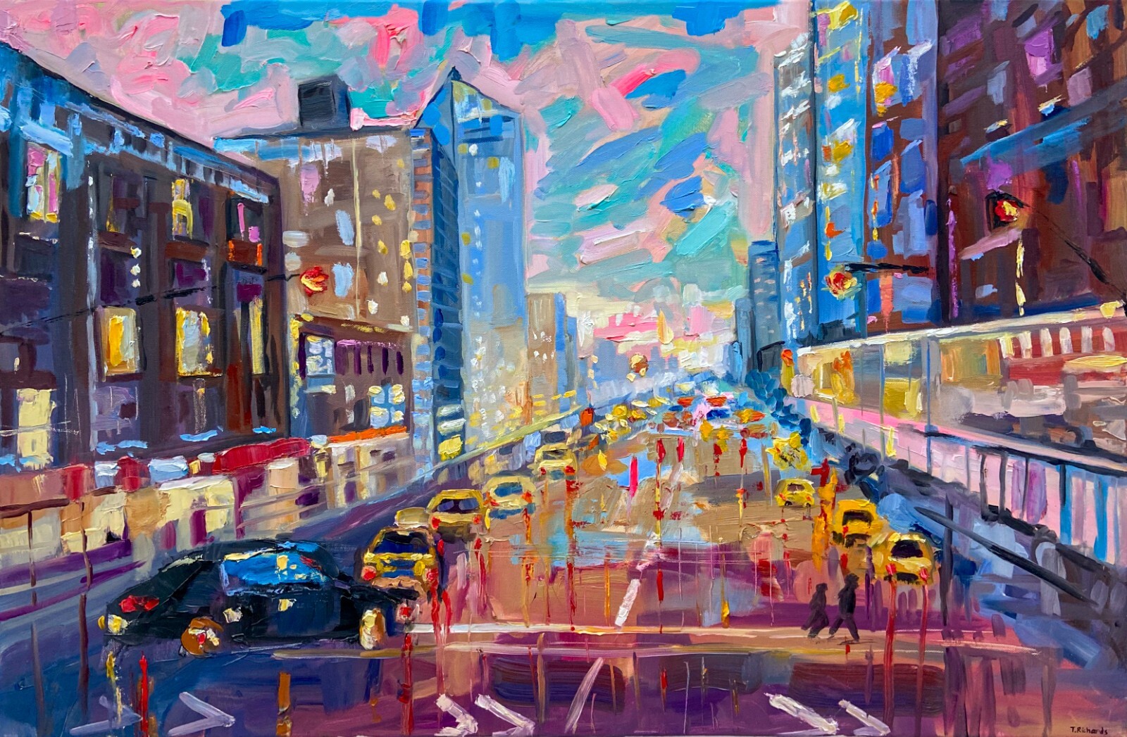 ORIGINAL oil painting New York Rain night city wall art Cityscape artwork 24×36″