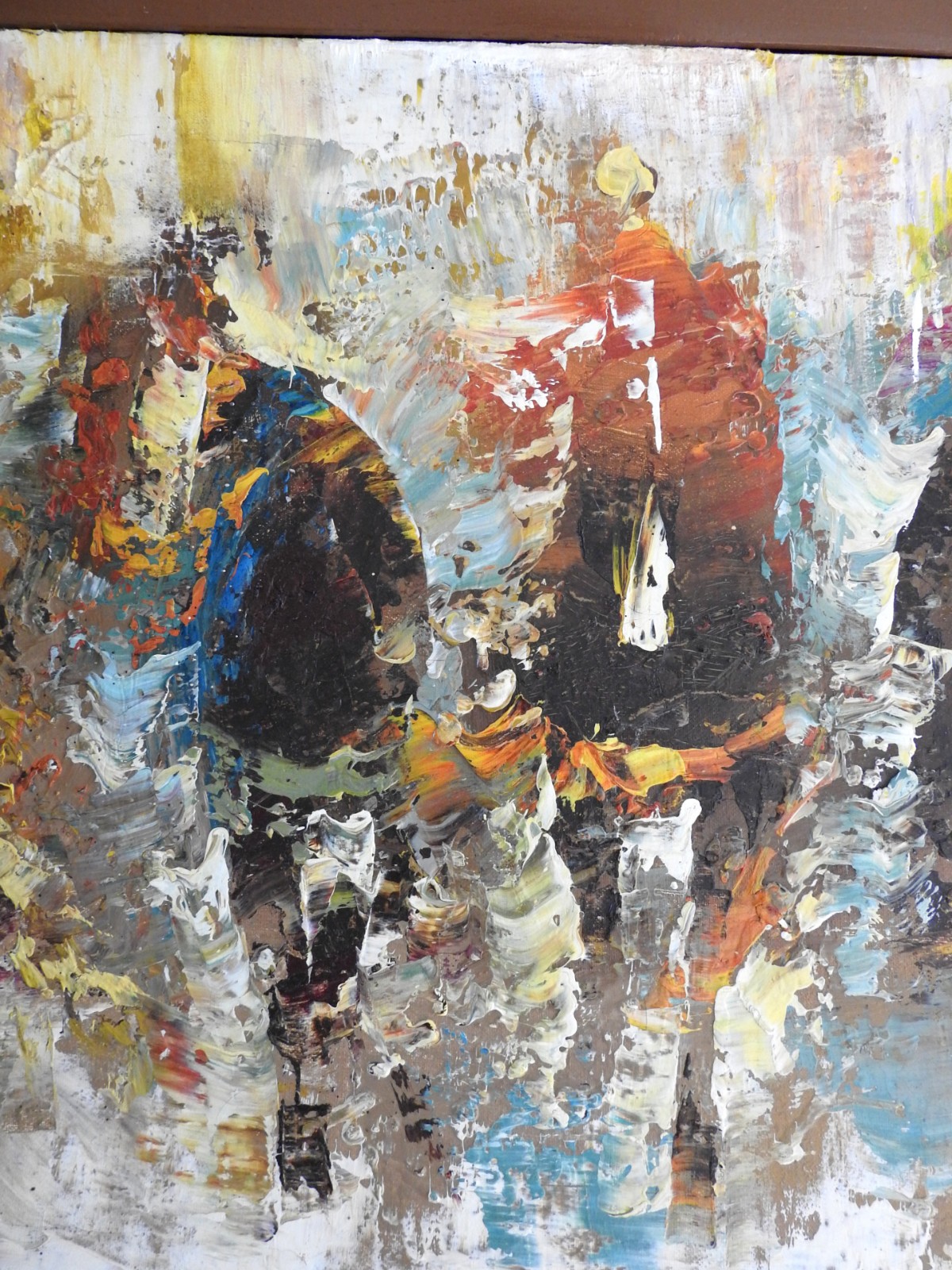 Vintage Mid Century Modern Abstract Painting Palette Knife Oil Horse Racers Sign