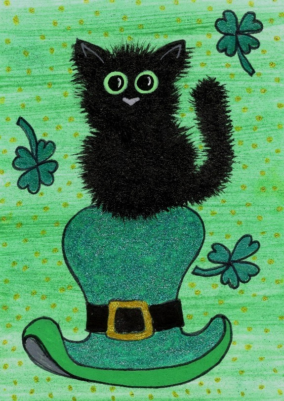 ACEO Mini Tiny *ART PRINT Black Cat Irish Top Leprechaun Hat Clover Lucky Charm
