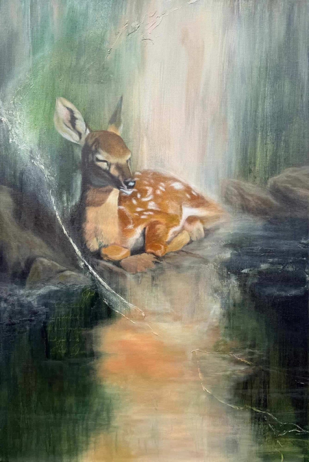 Deer Fawn Original Oil and Mixed Media Painting on Canvas 36″x24″ Home Decor