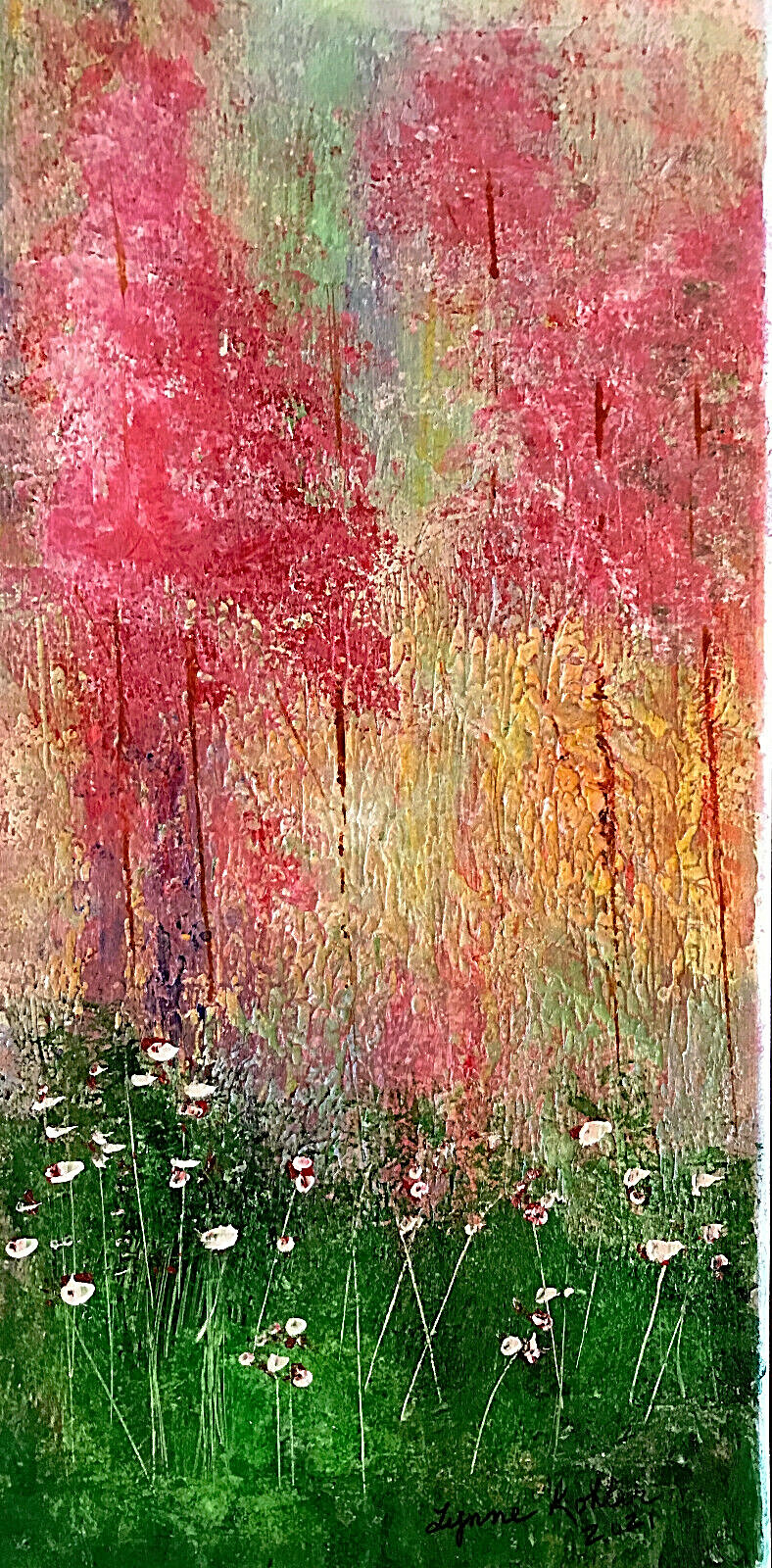 Original 8×16″ textured Garden Trees pink Canvas painting by Lynne Kohler