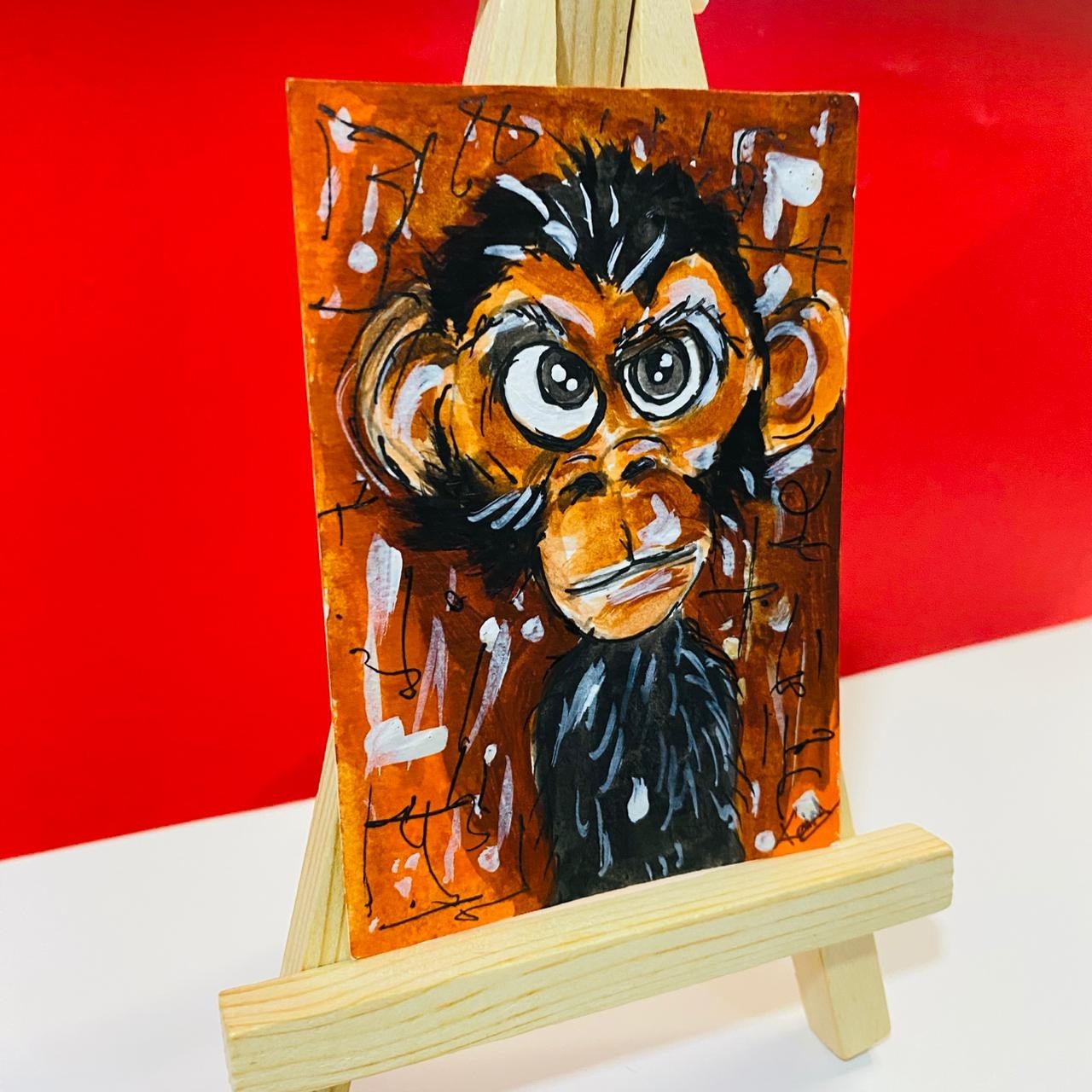 ACEO Whimsical Monkey Portrait Wide-Eyed Funny Animal Acrylic Painting Art Card