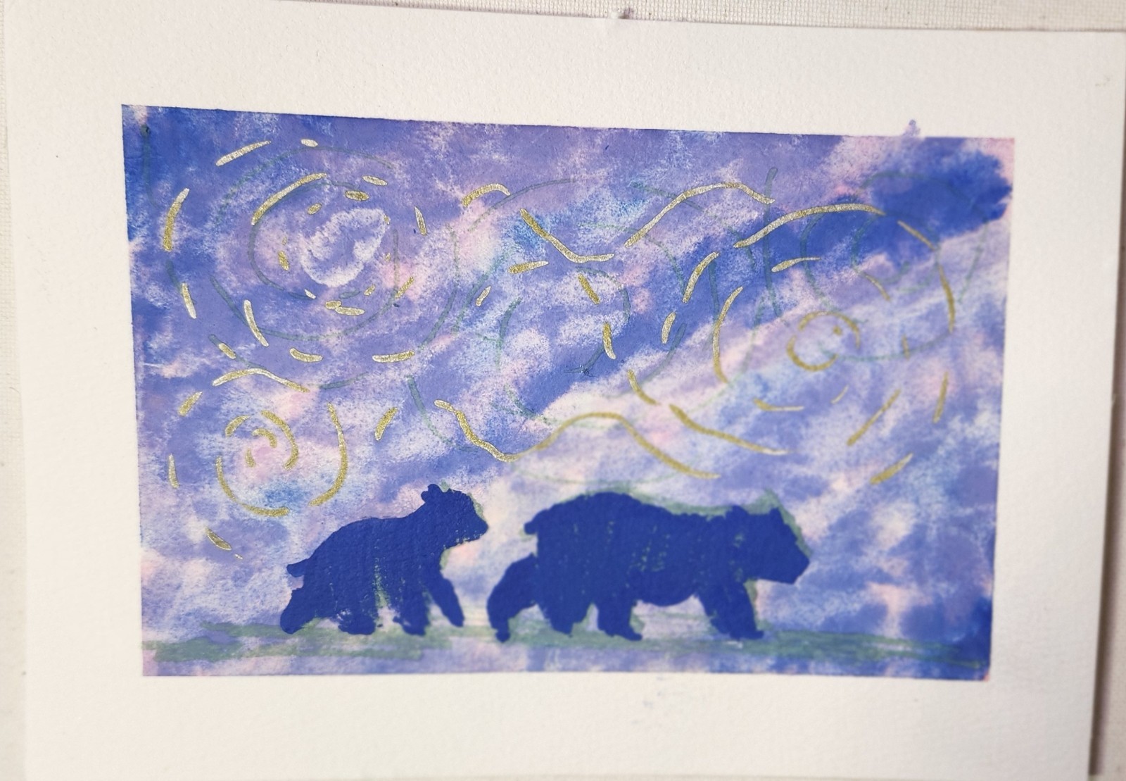 Two Bears In Northern Lights Original Abstract Contemporary 5×7 Paper Signed