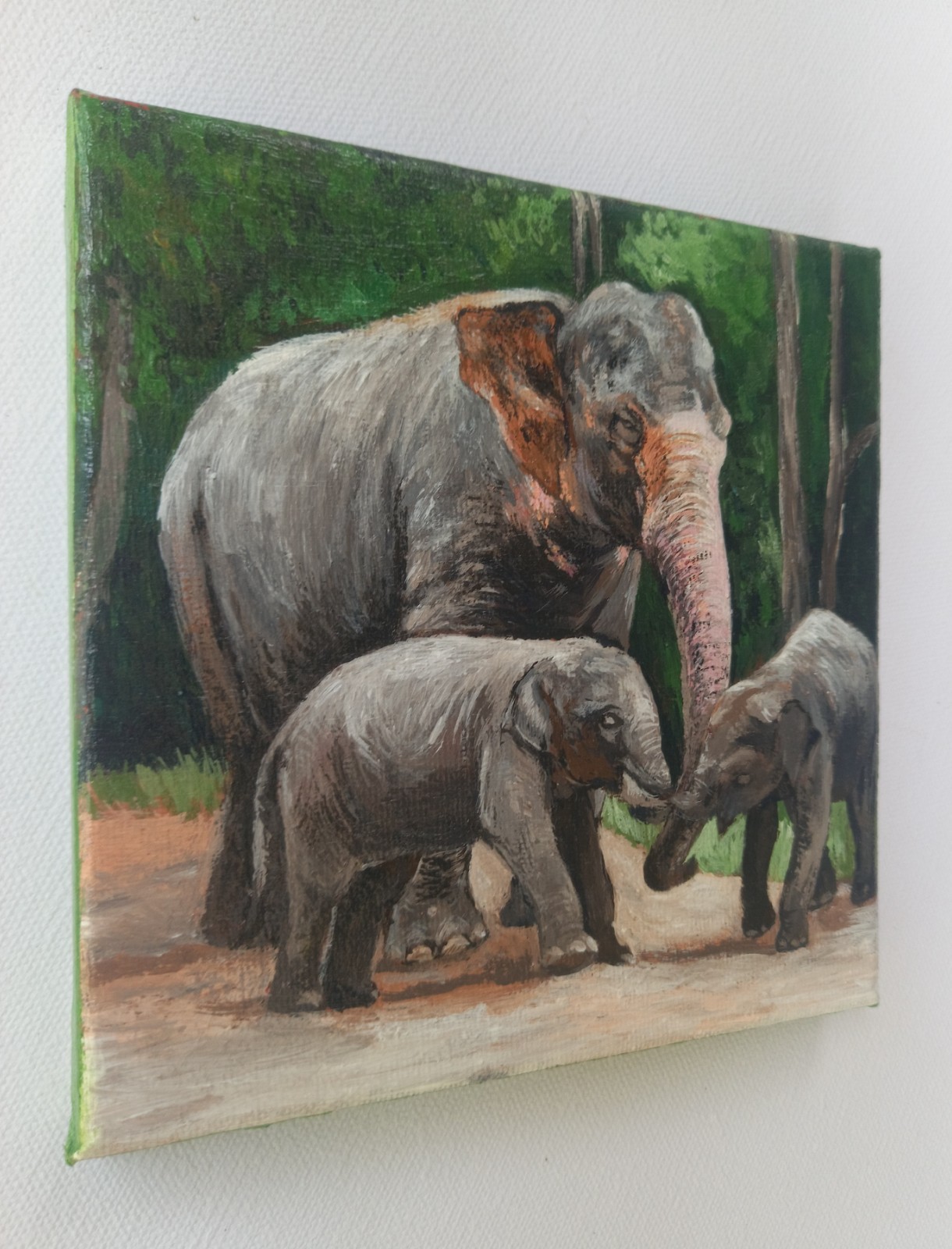 Original Handmade Canvas Art – Elephant Family (Mother with Two Baby Elephants)”