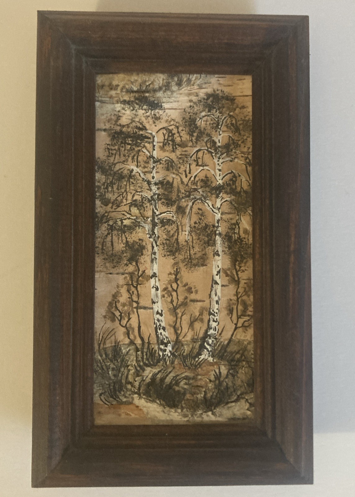 Vtg Small Russian Birch Bark Landscape Framed Artist Signed Set of 3