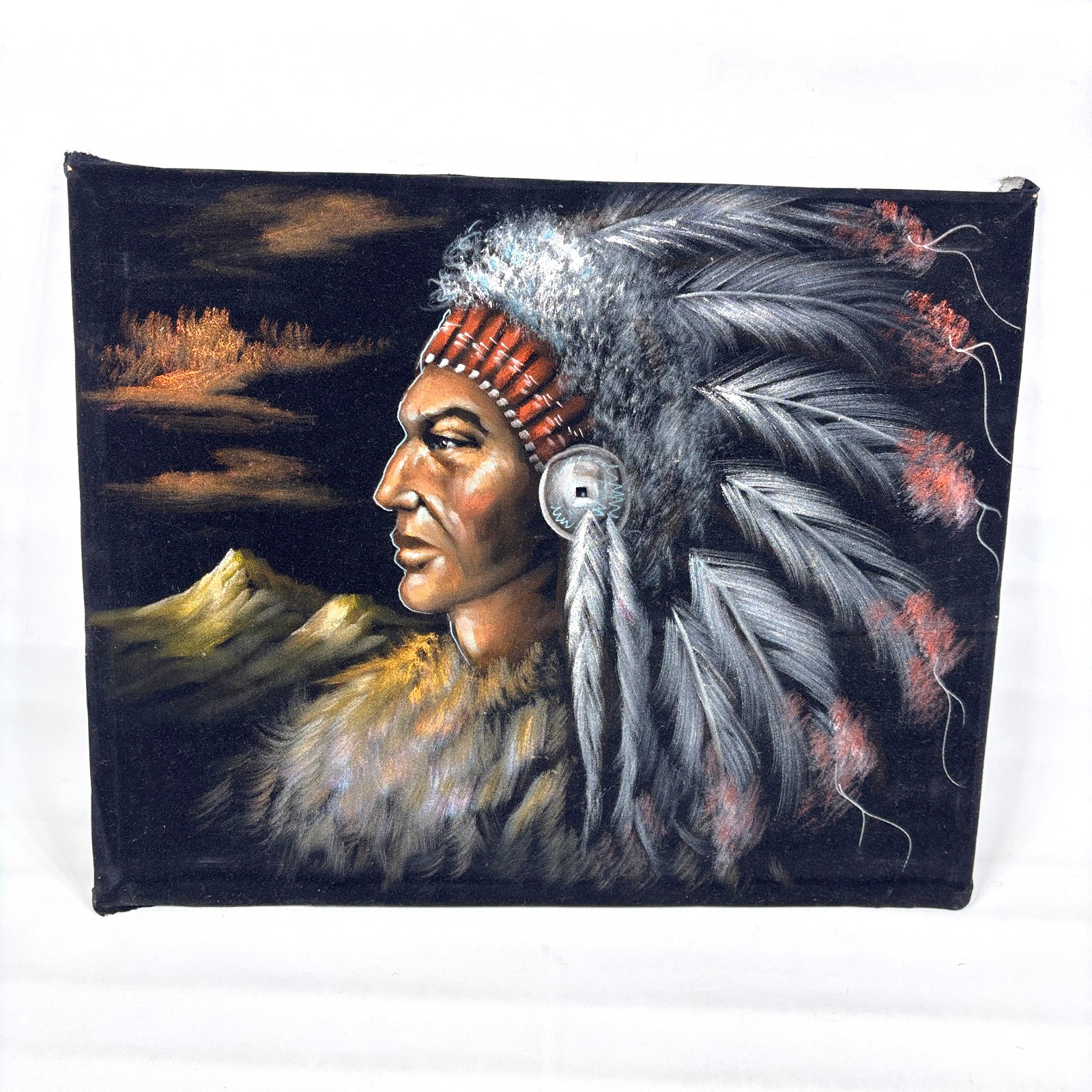 Vintage Black Velvet Painting Native American Indian Chief Portrait Unsigned Art