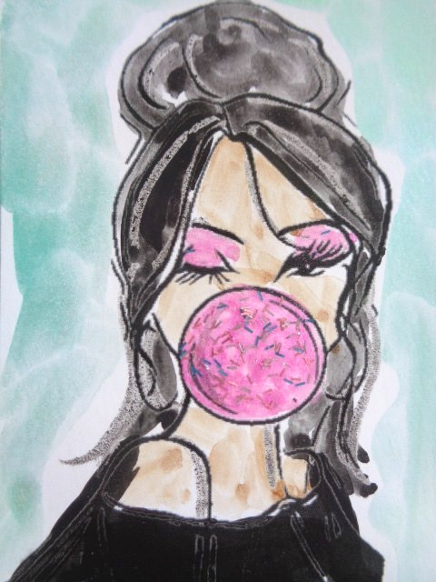 ACEO Women In Art – PINK BUBBLEGUM Painting ART