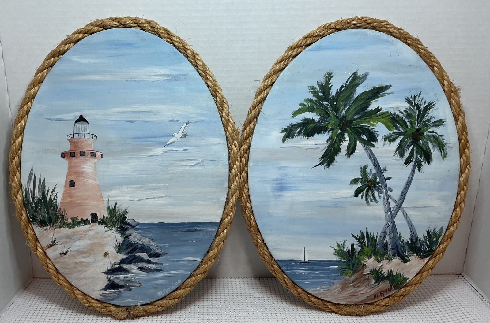 Vintage Seascape Oil Paintings Lighthouse Palm Trees Ocean Artist signed set 2