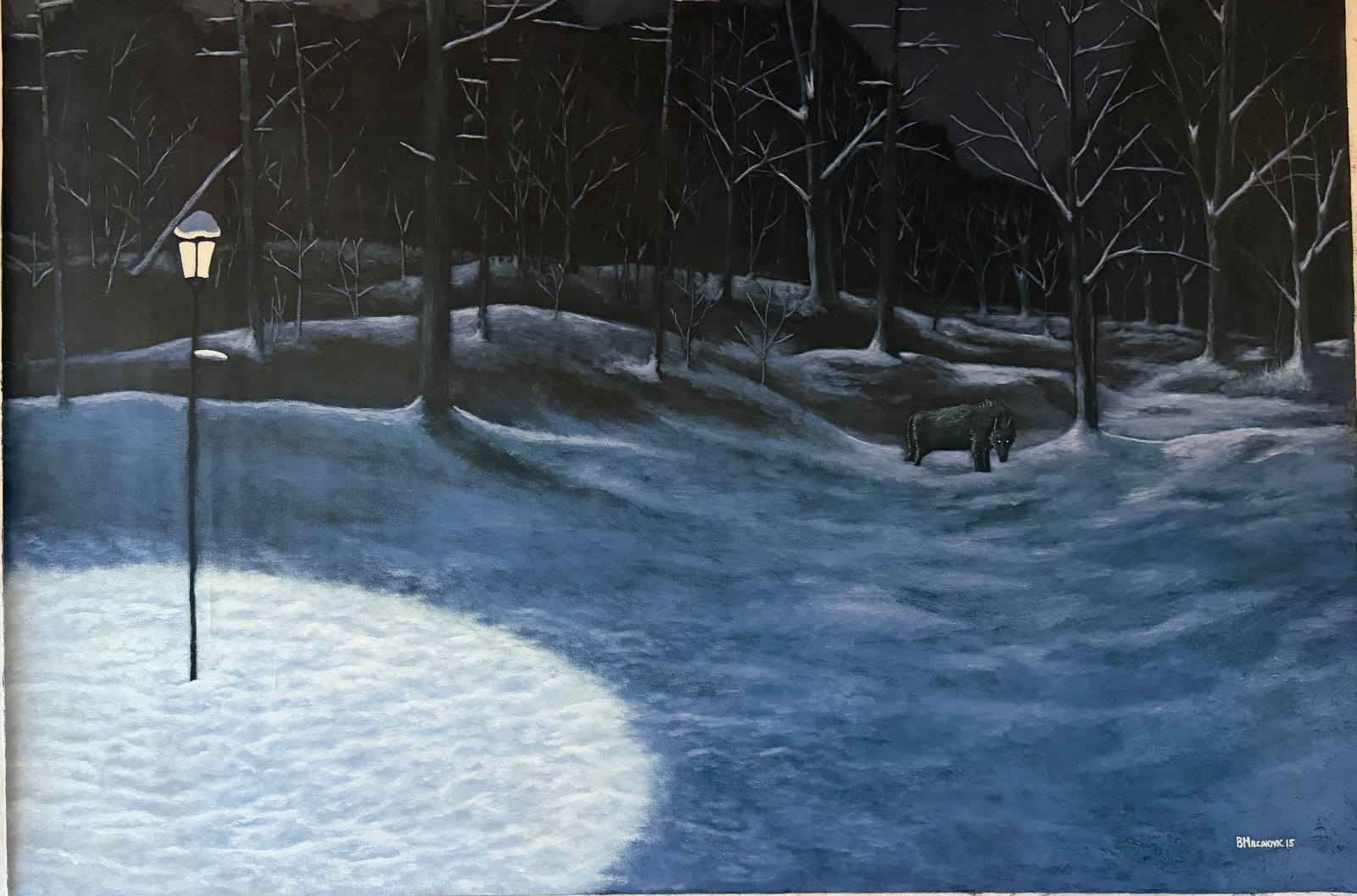 Large 36×48 Original Oil Painting Winter Night Forest Wolf Lamppost Signed