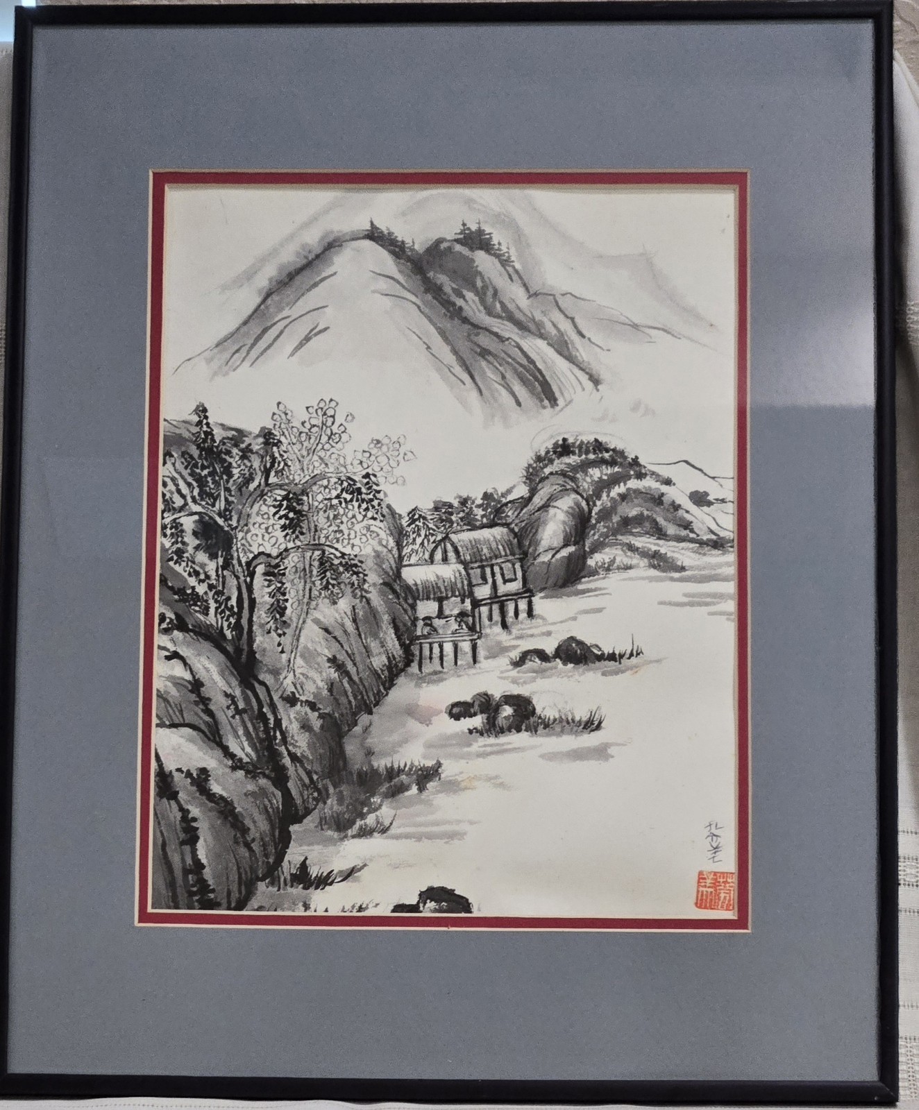 VINTAGE , Signed ORIENTAL Framed and Matted COUNTRYSIDE painting