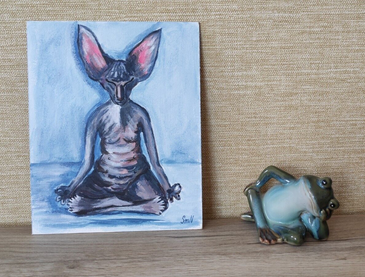 Original Art Meditation Cat Portrait Relax Pet Outsider Painting Kitten Zen