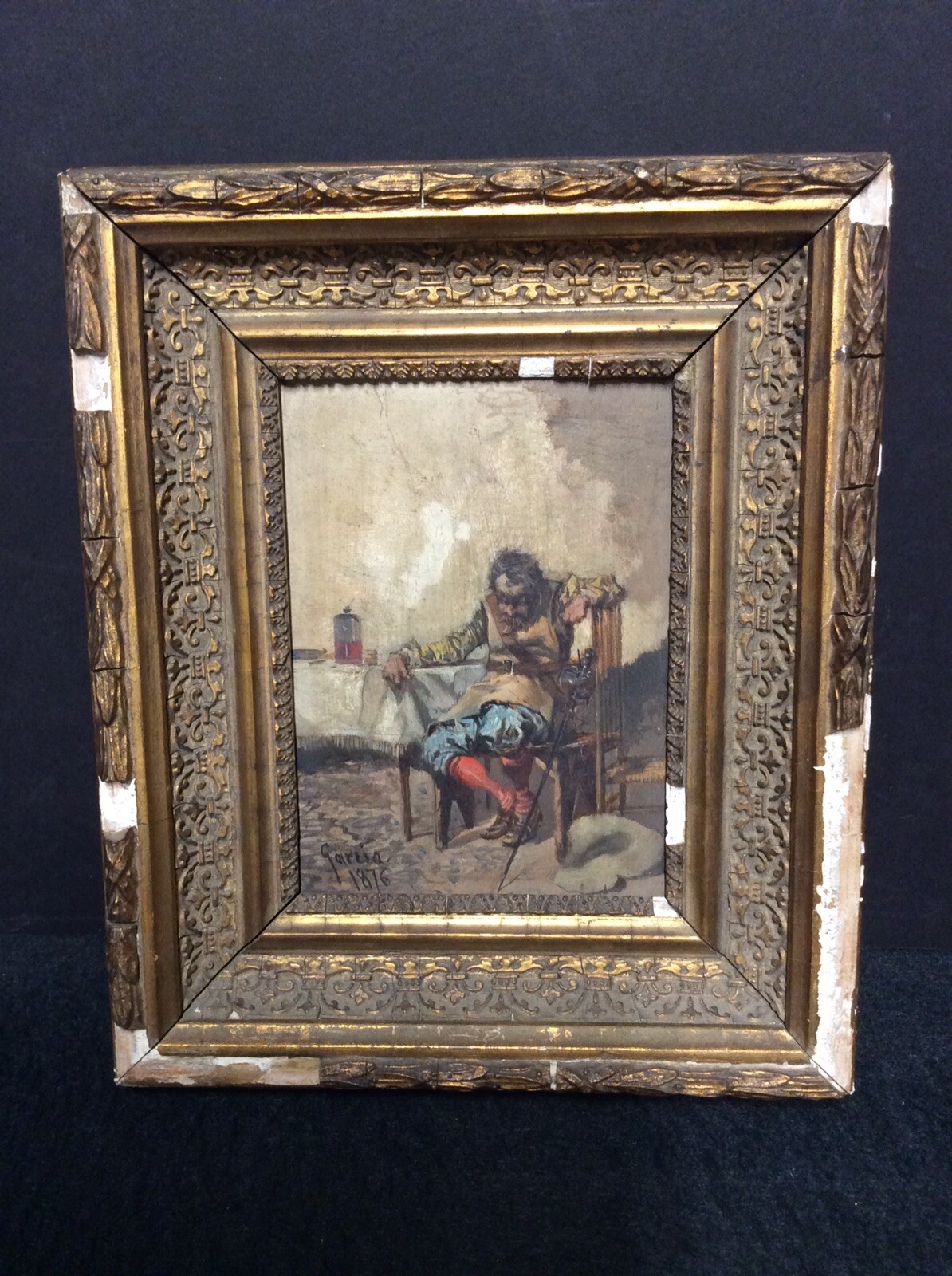 Framed Oil on 6 3/8”x 4 1/2” Wood Panel Signed Garcia 1876