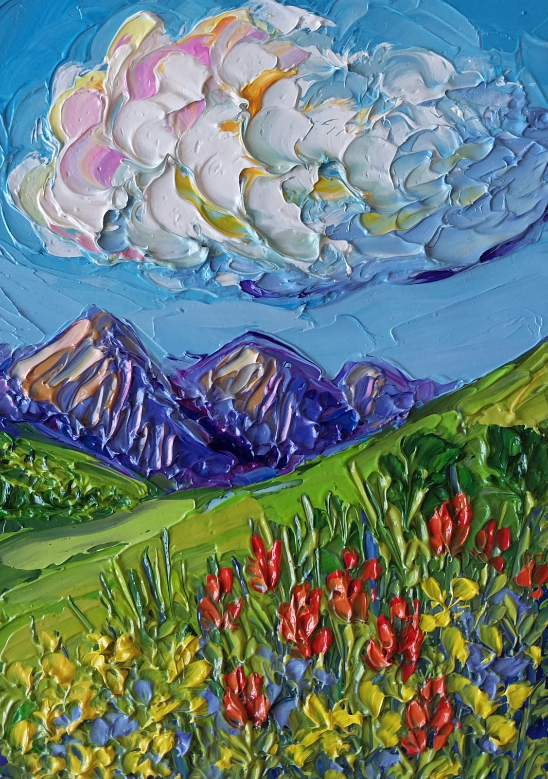 Framed Rocky Mountain Red Flowers Landscape 5×7” Impasto Oil Painting Original