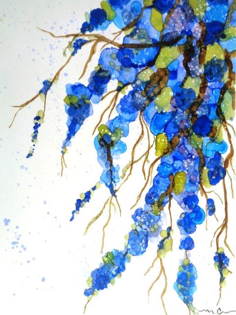 Original BEAUTIFUL CASCADING BRIGHT BLUE FLOWERS FLORAL Painting WALL ART