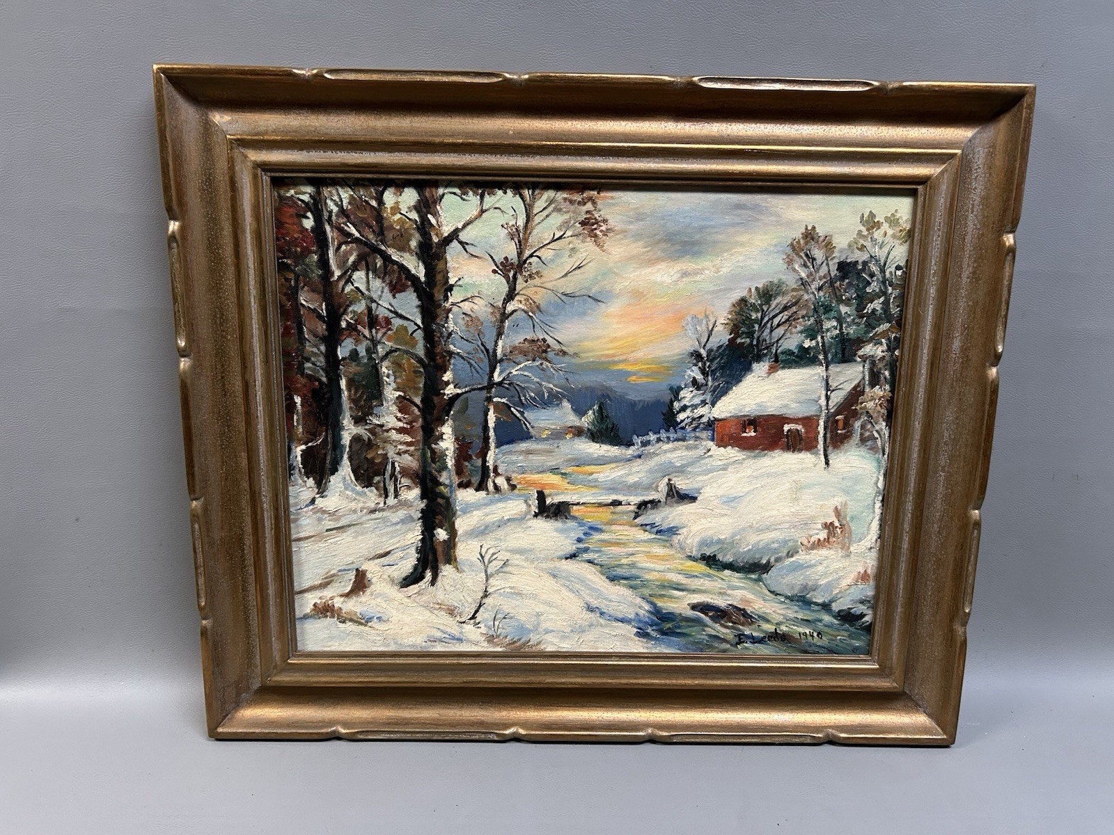Winter Landscape Oil Painting on Canvas Signed E. Leeds 1940